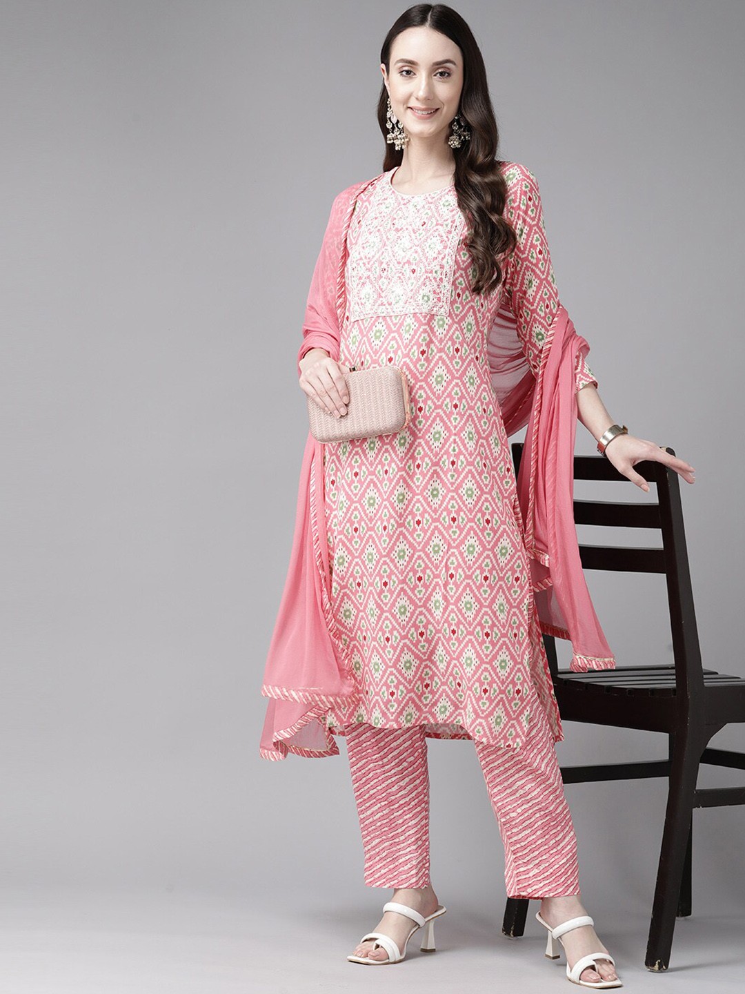 

BAESD Ethnic Motifs Printed Pure Cotton Kurta & Trousers With Dupatta, Pink