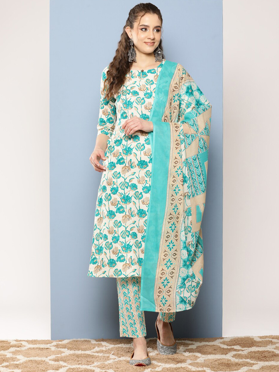 

BAESD Floral Printed Pure Cotton Keyhole Neck Kurta with Trousers & Dupatta, Turquoise blue