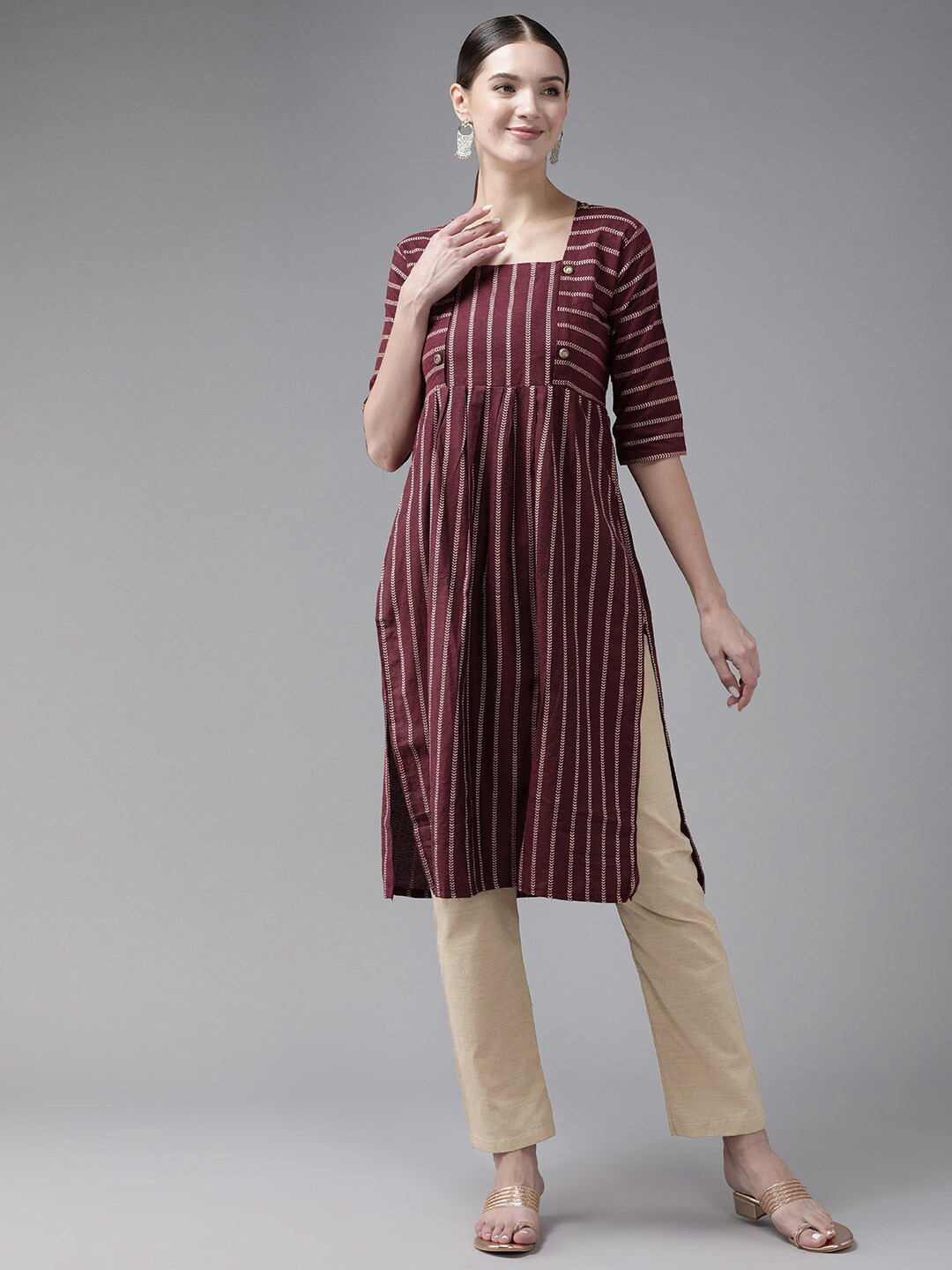 

BAESD Ethnic Motifs Printed Square Neck Pure Cotton Kurta With Trousers, Maroon