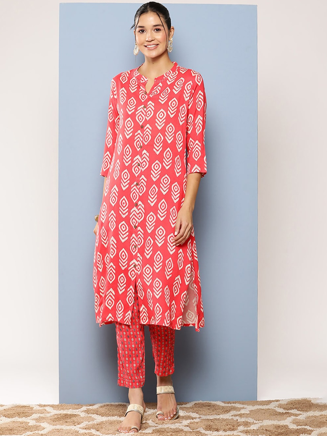

BAESD Ethnic Motifs Printed Round Neck Pure Cotton Straight Kurta With Trouser, Red