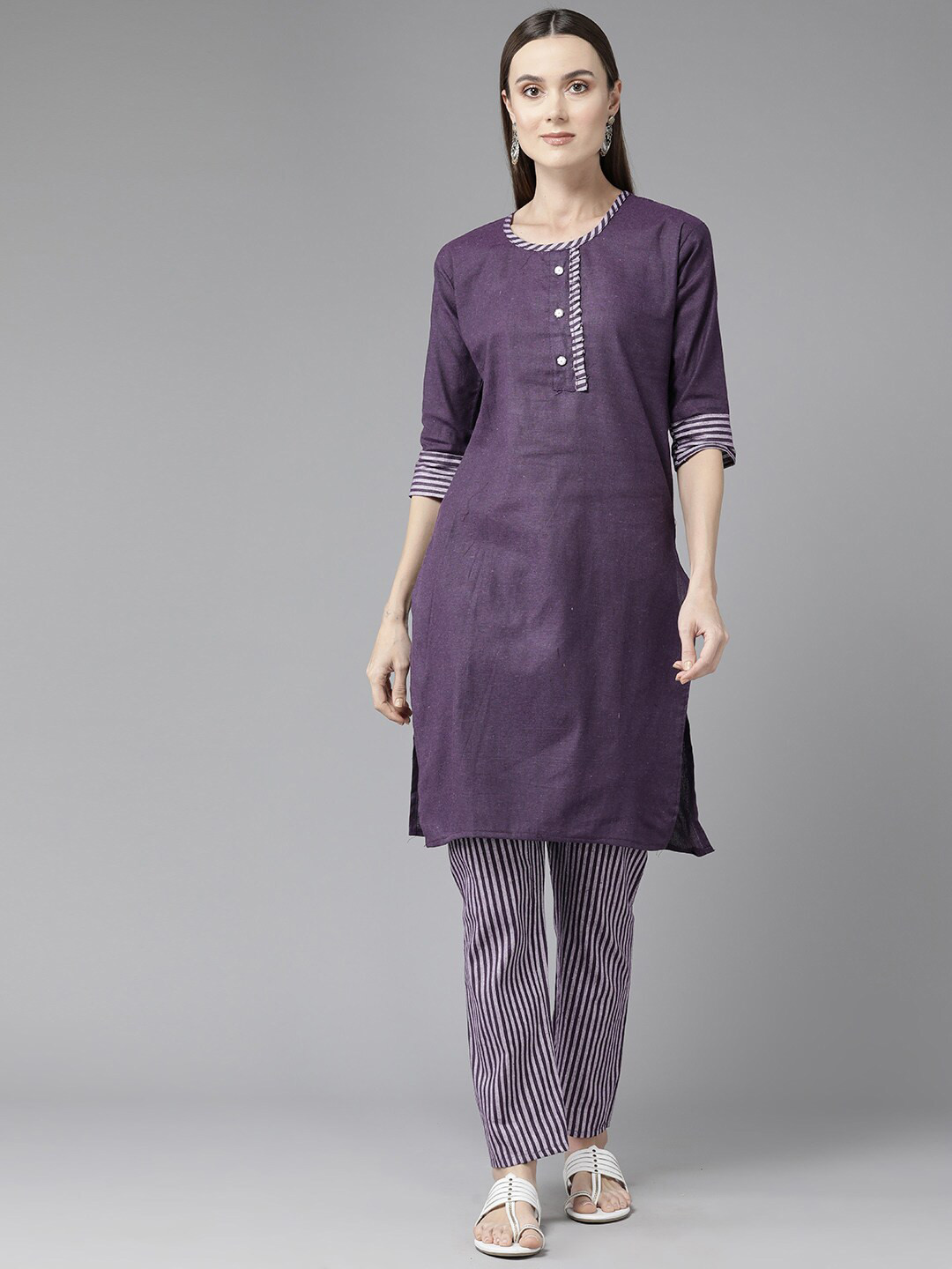 

BAESD Round Neck Calf Length Pure Cotton Straight Kurta With Trouser, Purple