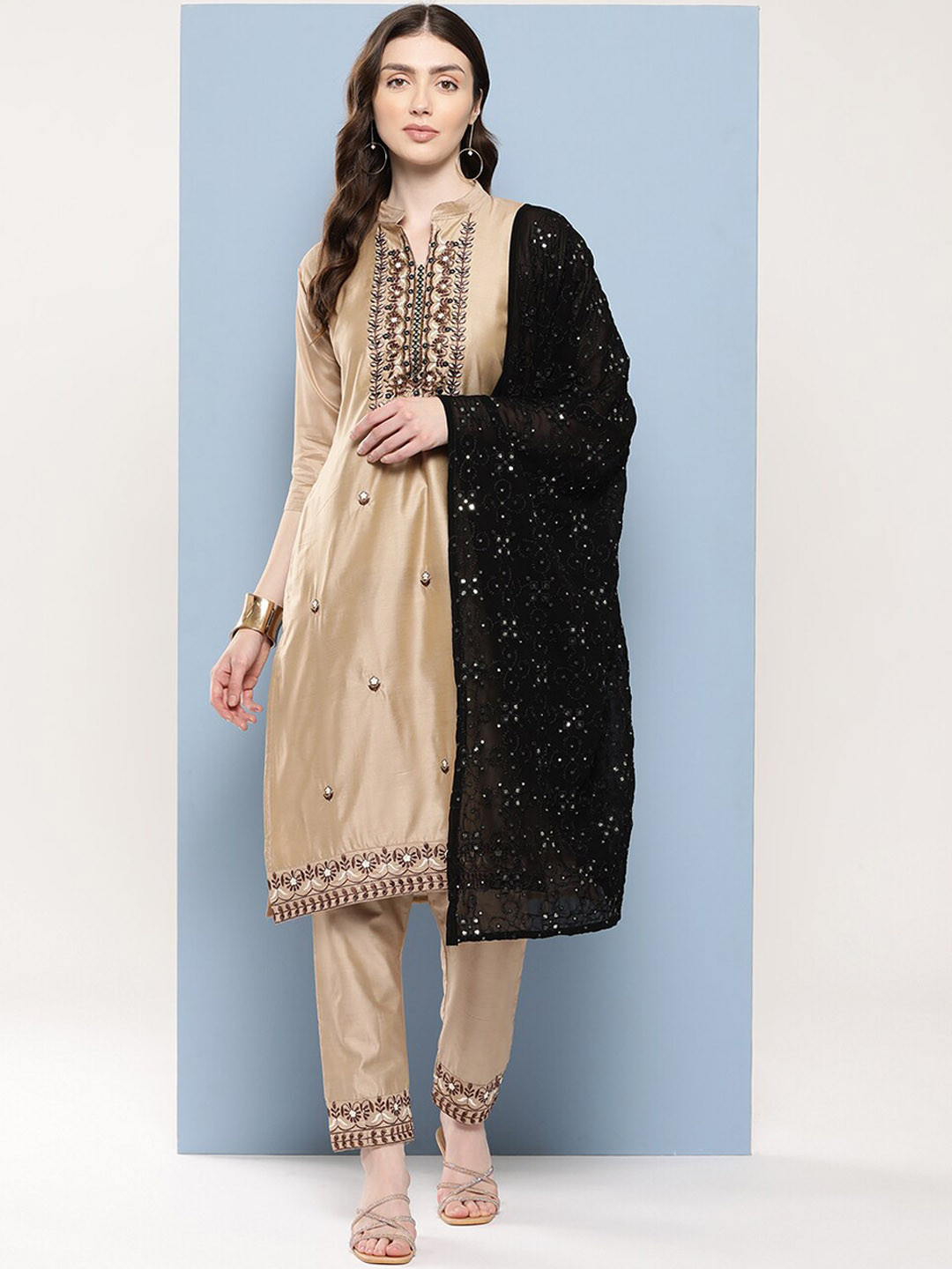 

BAESD Floral Embroidered Regular Thread Work Kurta with Trouser & Dupatta, Beige
