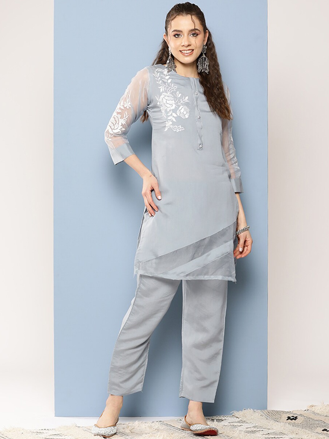 

BAESD Floral Embroidered Regular Pure Silk Kurti with Trouser, Grey