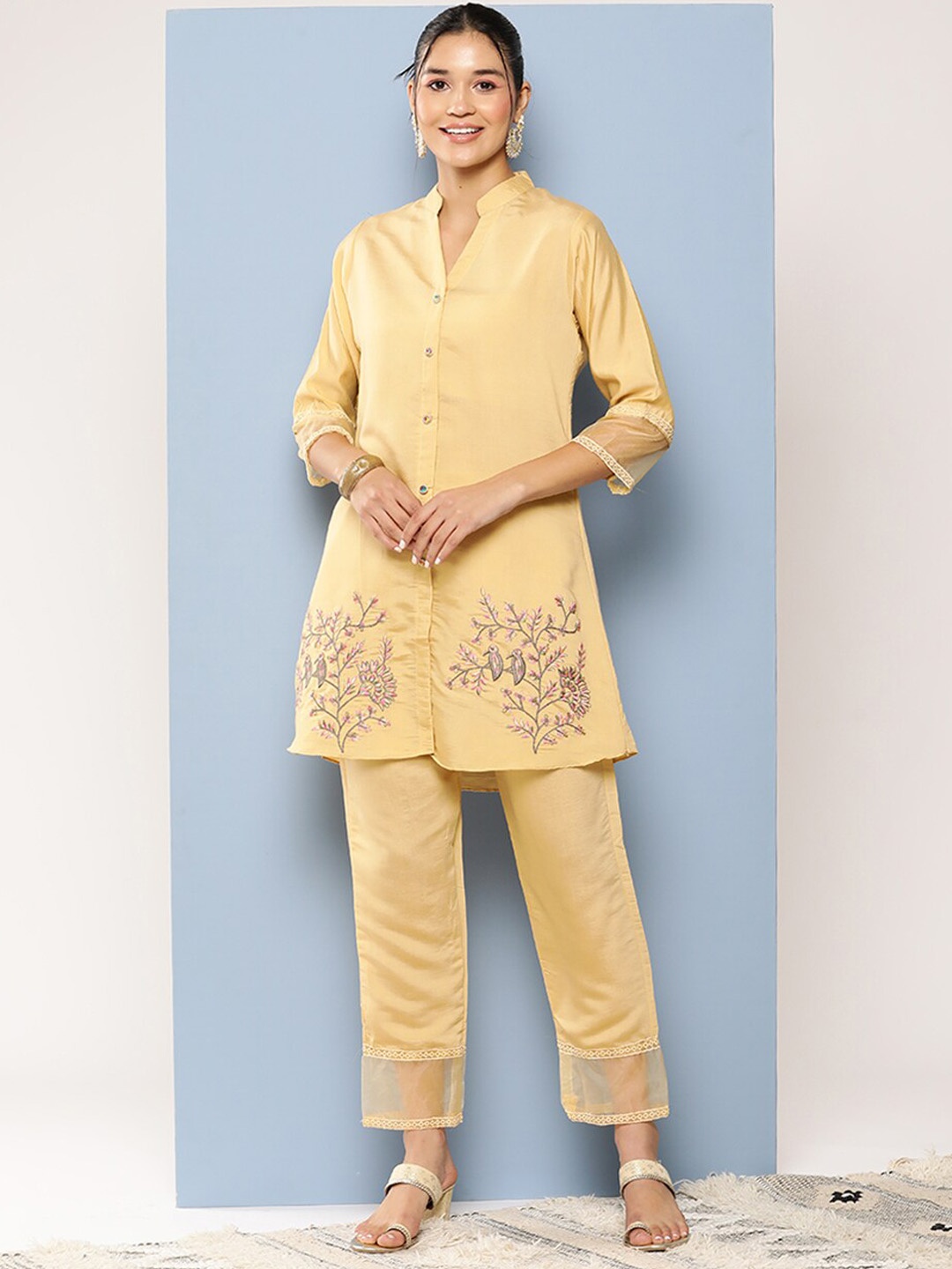 

BAESD Floral Embroidered Regular Pure Silk Kurti with Trouser, Yellow