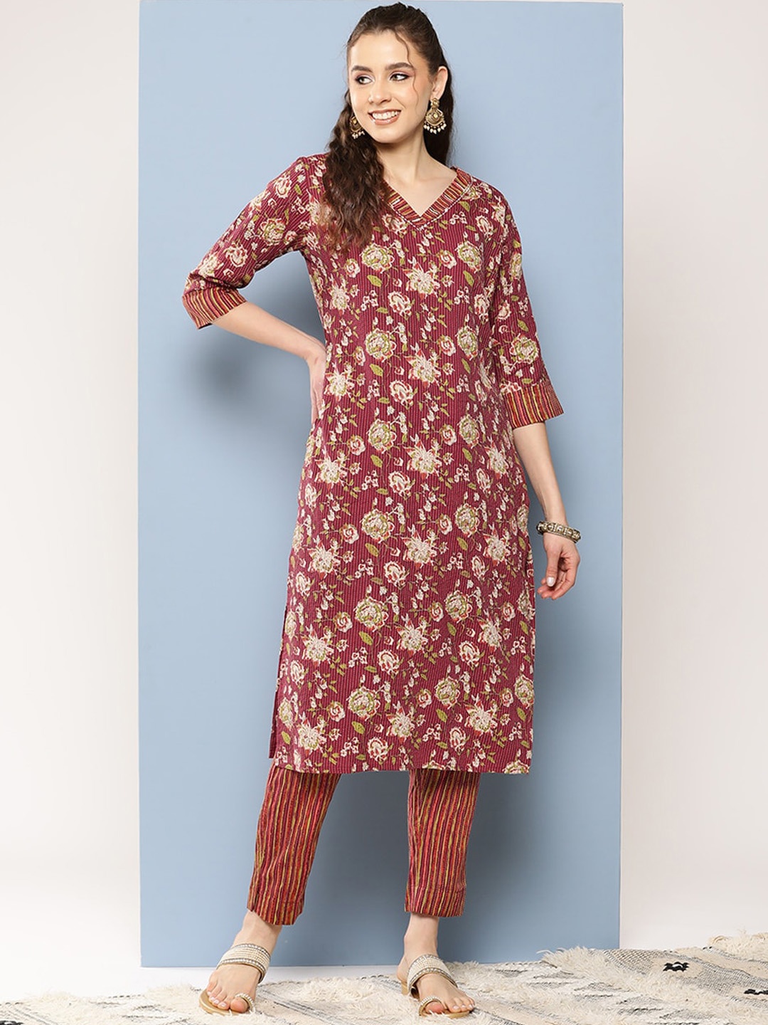 

BAESD Floral Printed Regular Pure Cotton Kurta with Trouser, Maroon