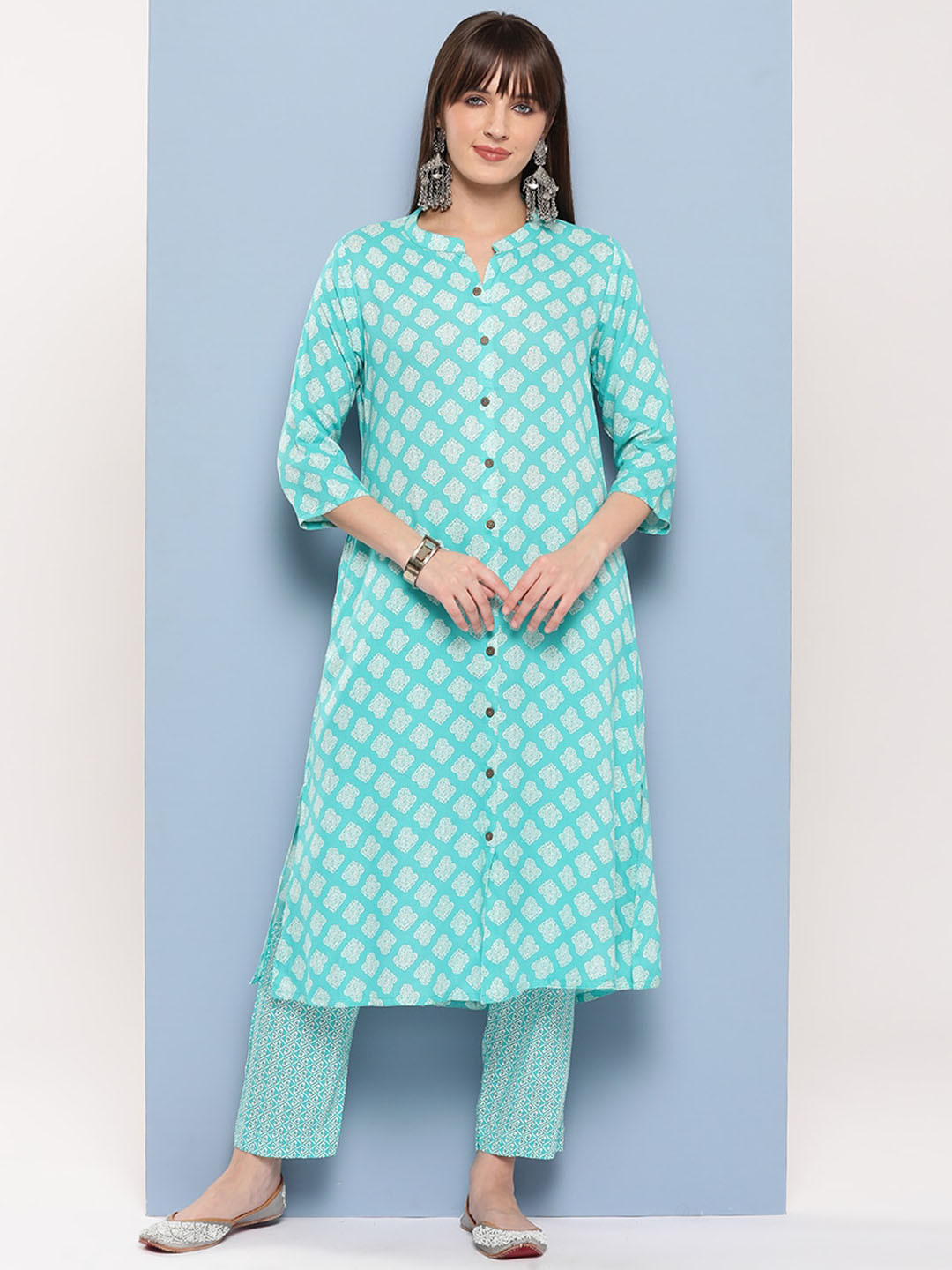 

BAESD Floral Printed Regular Pure Cotton Kurta with Trouser, Turquoise blue