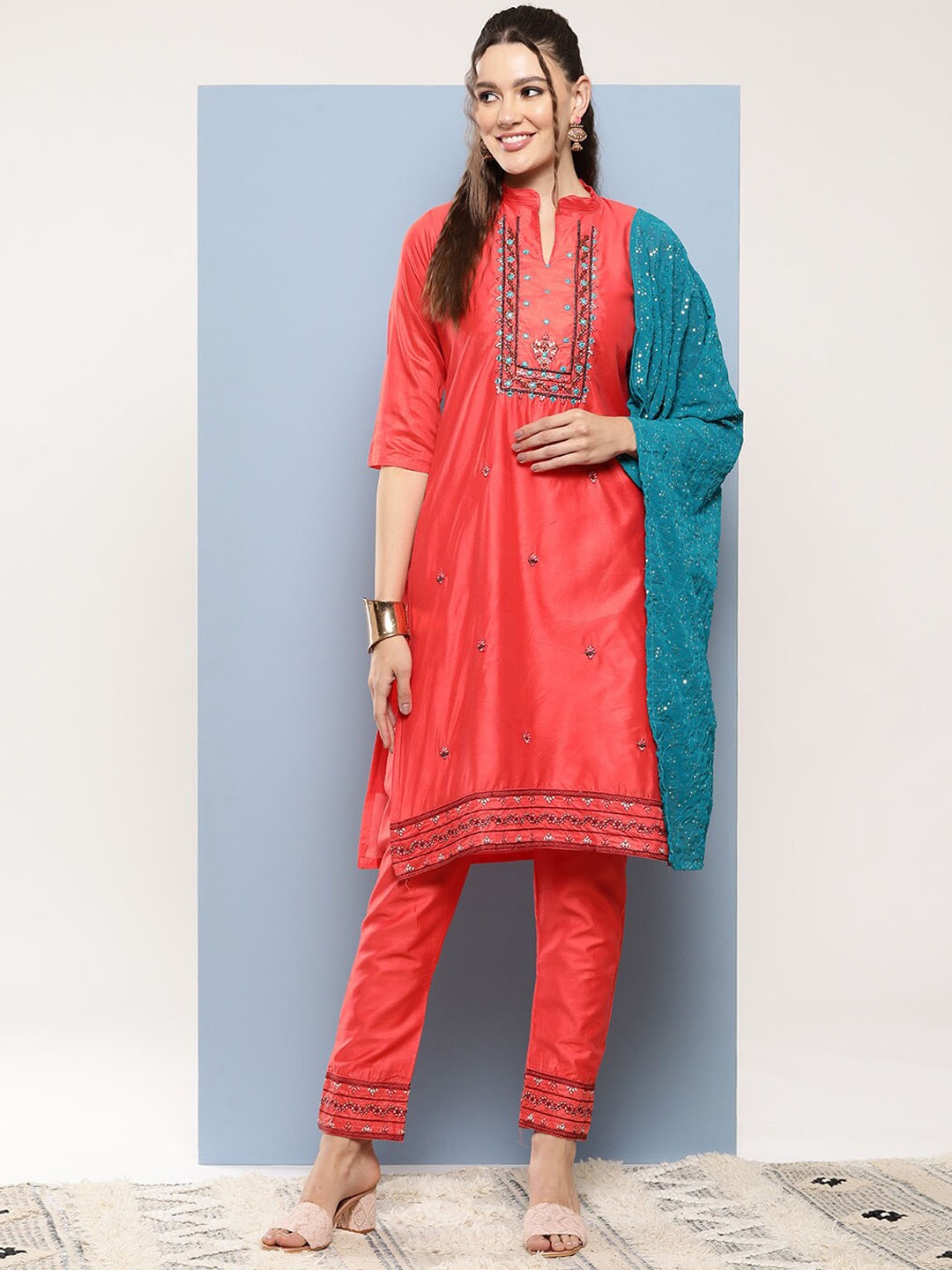 

BAESD Ethnic Motifs Embroidered Mandarin Collar Straight Kurta with Trousers & Dupatta, Red