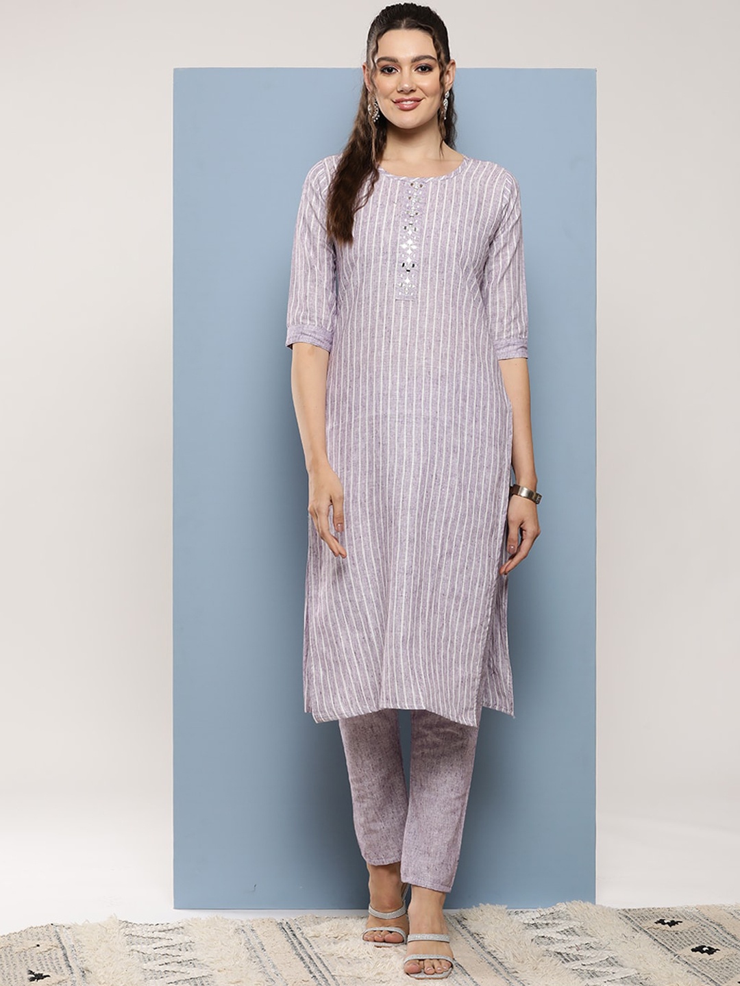 

BAESD Striped Embroidered Round Neck Mirror Work Pure Cotton Straight Kurta with Trousers, Purple