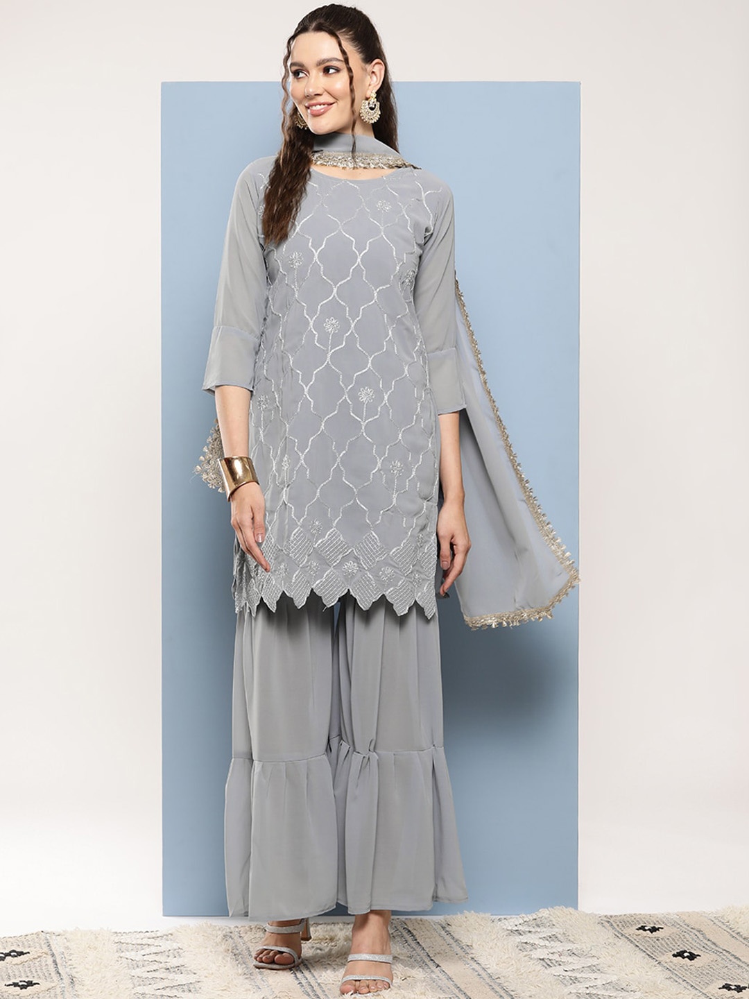 

BAESD Geometric Embroidered Round Neck Thread Work Straight Kurta with Palazzos & Dupatta, Grey