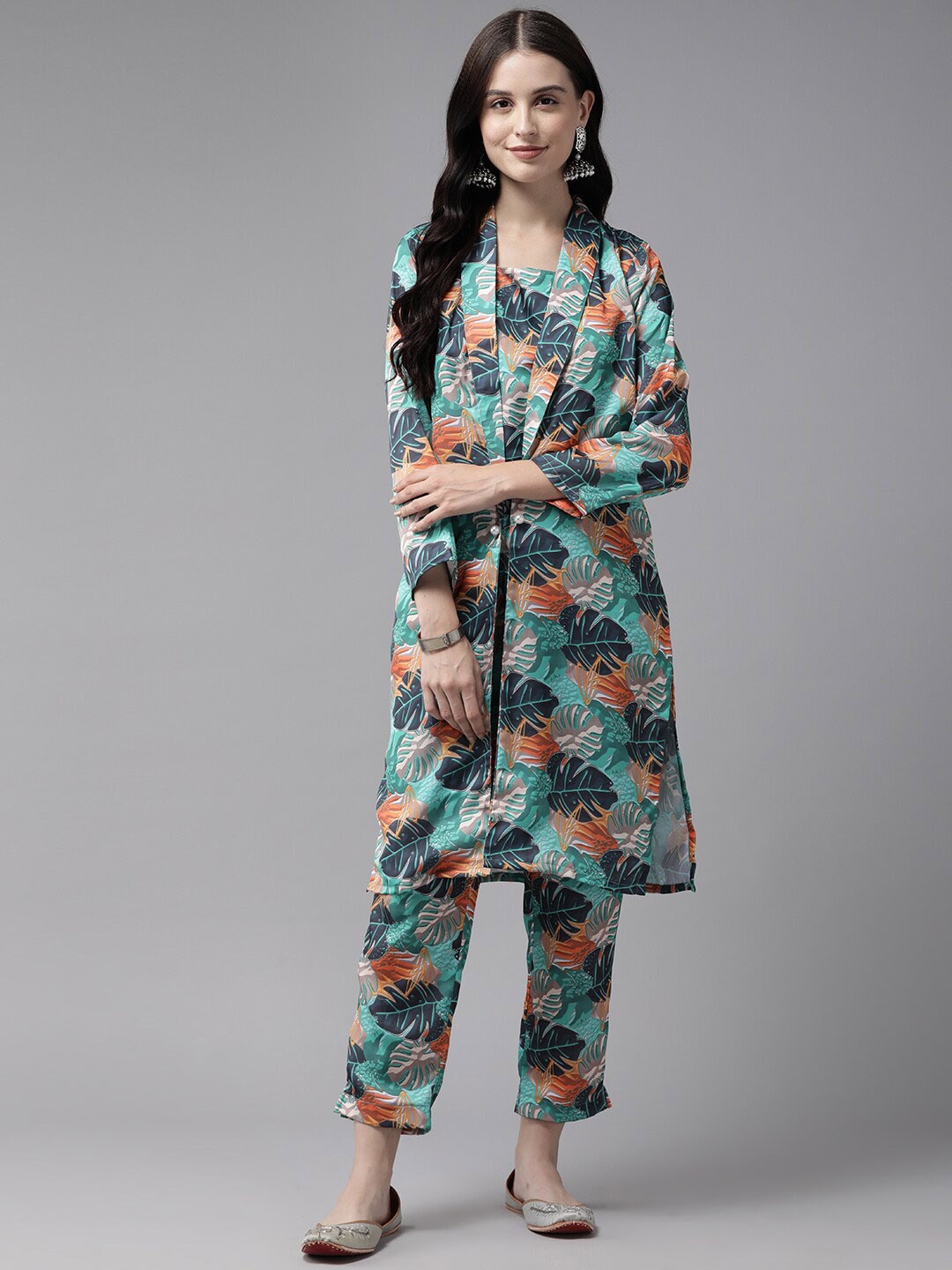 

BAESD Tropical Printed Top With Trousers & Blazer Satin Co-Ords, Green