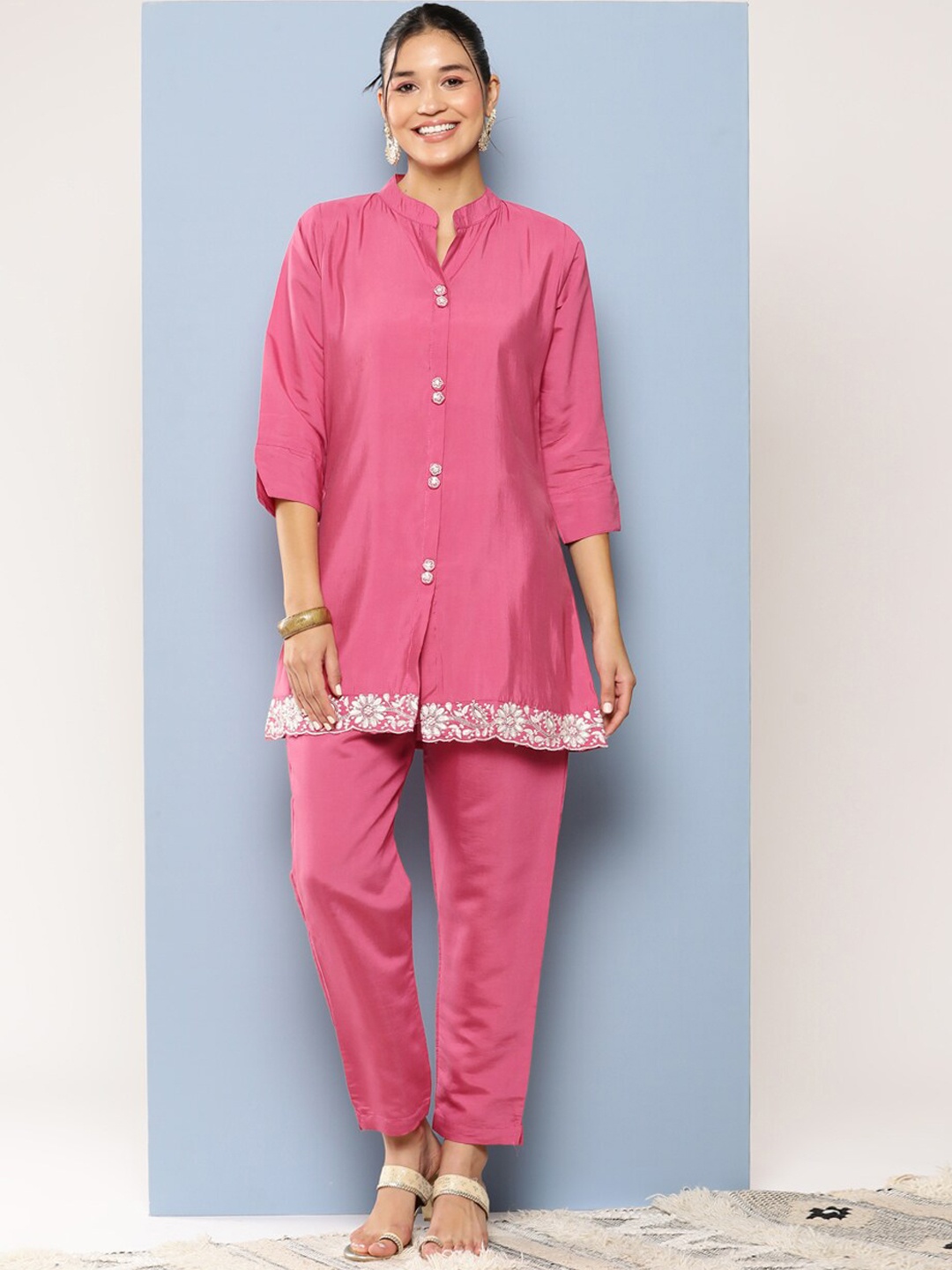 

BAESD Mandarin Collar Pure Silk Straight Kurta with Trousers, Pink