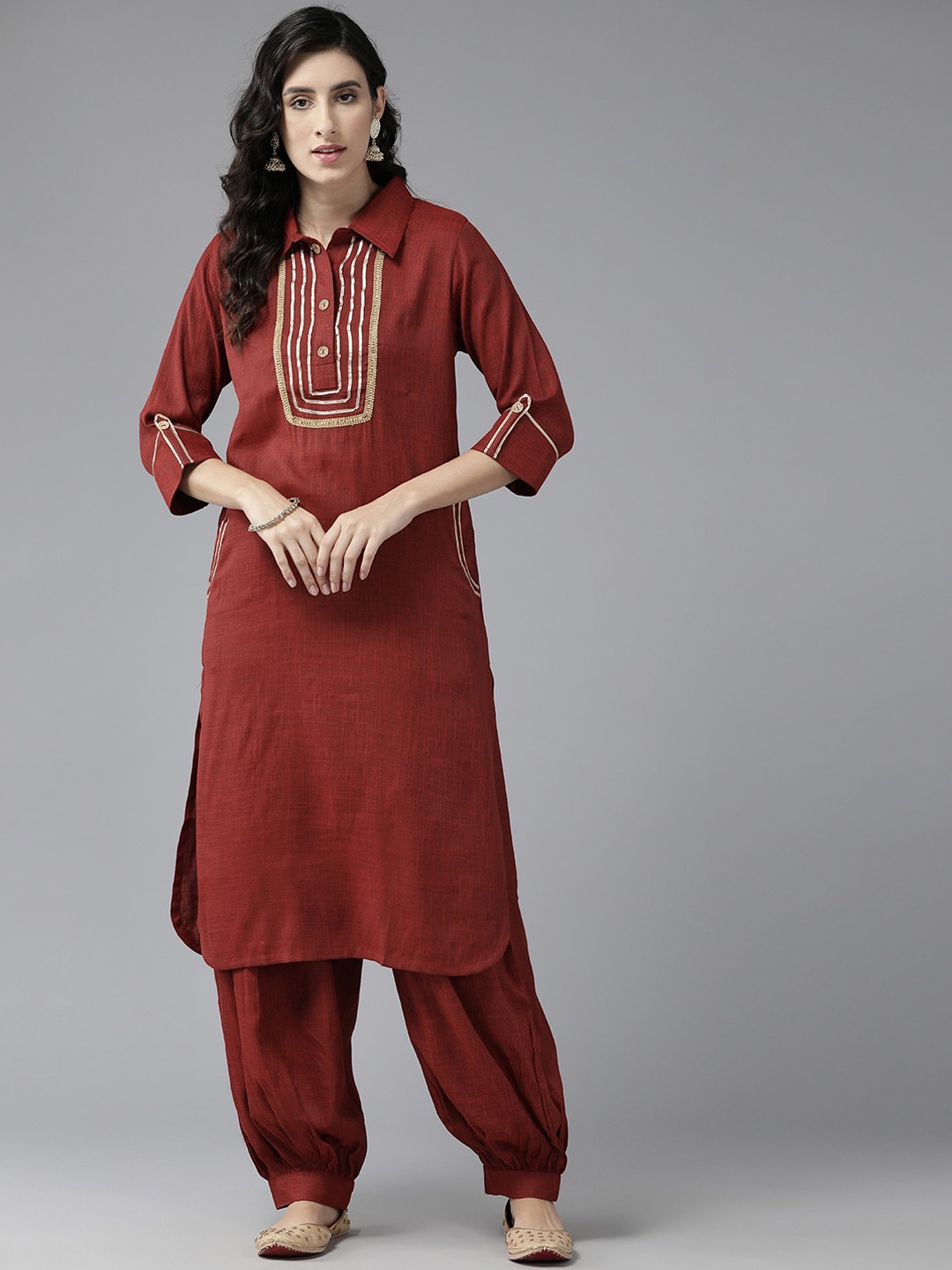 

BAESD Shirt Collar Gotta Patti Straight Kurta with Salwar, Maroon