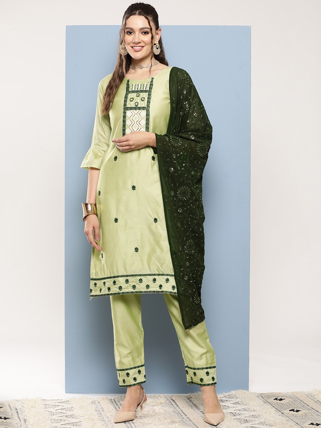 

BAESD Ethnic Motifs Embroidered Embelished Thread Work Kurta With Trousers & Dupatta, Green
