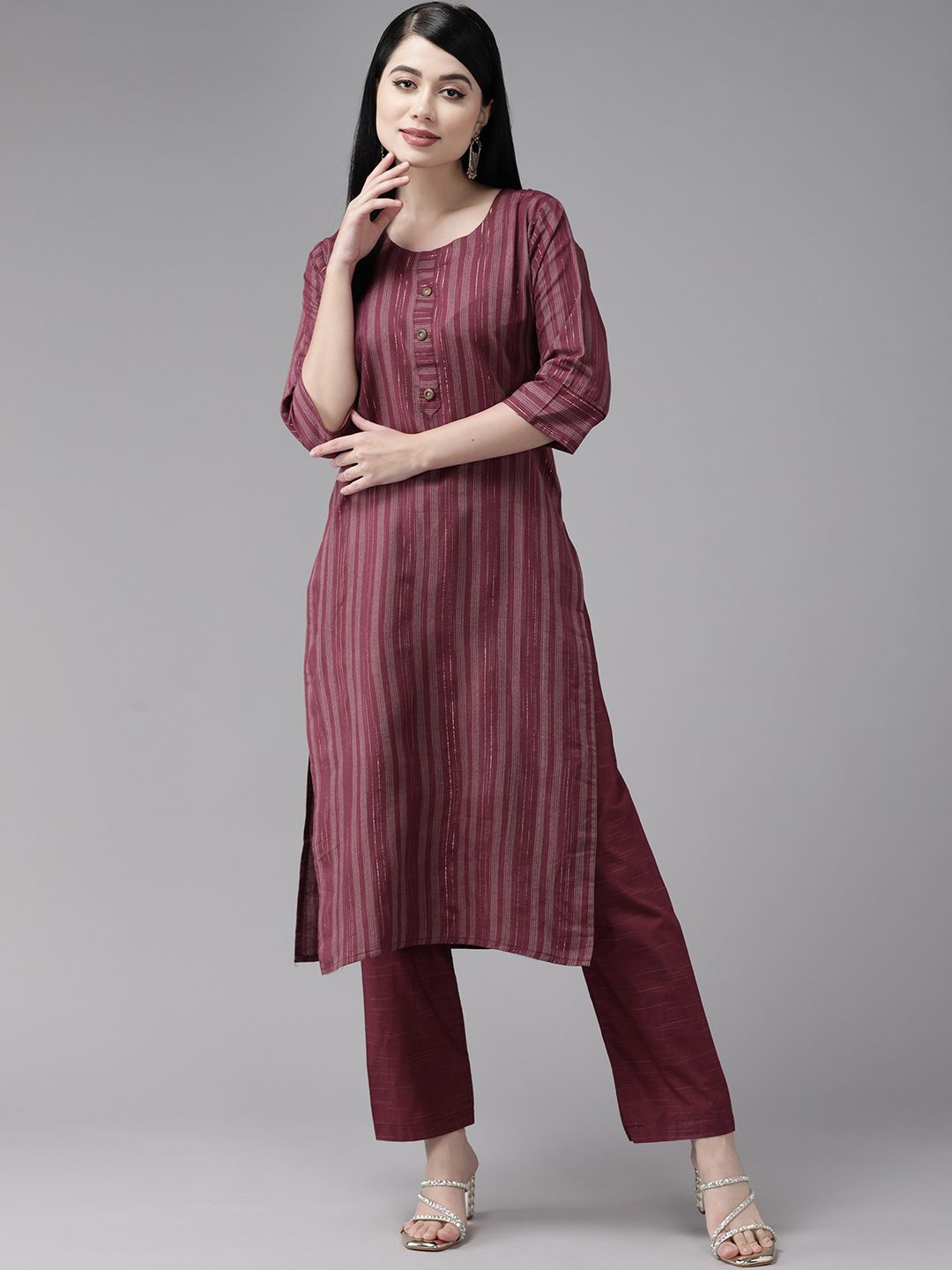 

BAESD Striped Round Neck Pure Cotton Straight Kurta with Trousers, Burgundy