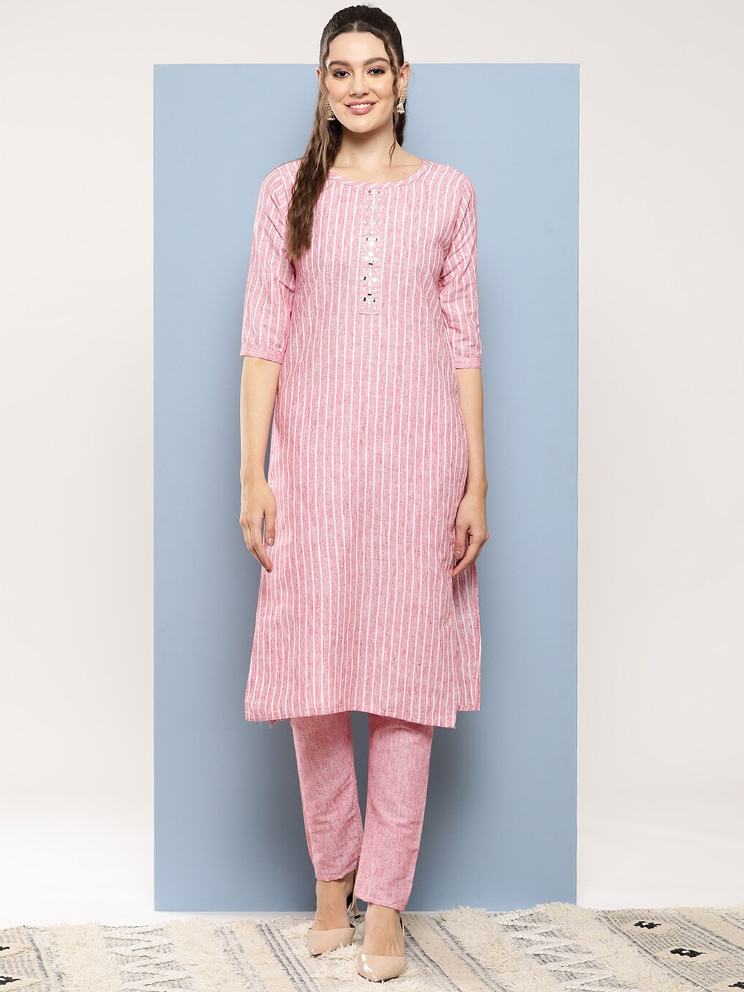 

BAESD Striped Embroidered Round Neck Mirror Work Pure Cotton Straight Kurta with Trousers, Peach