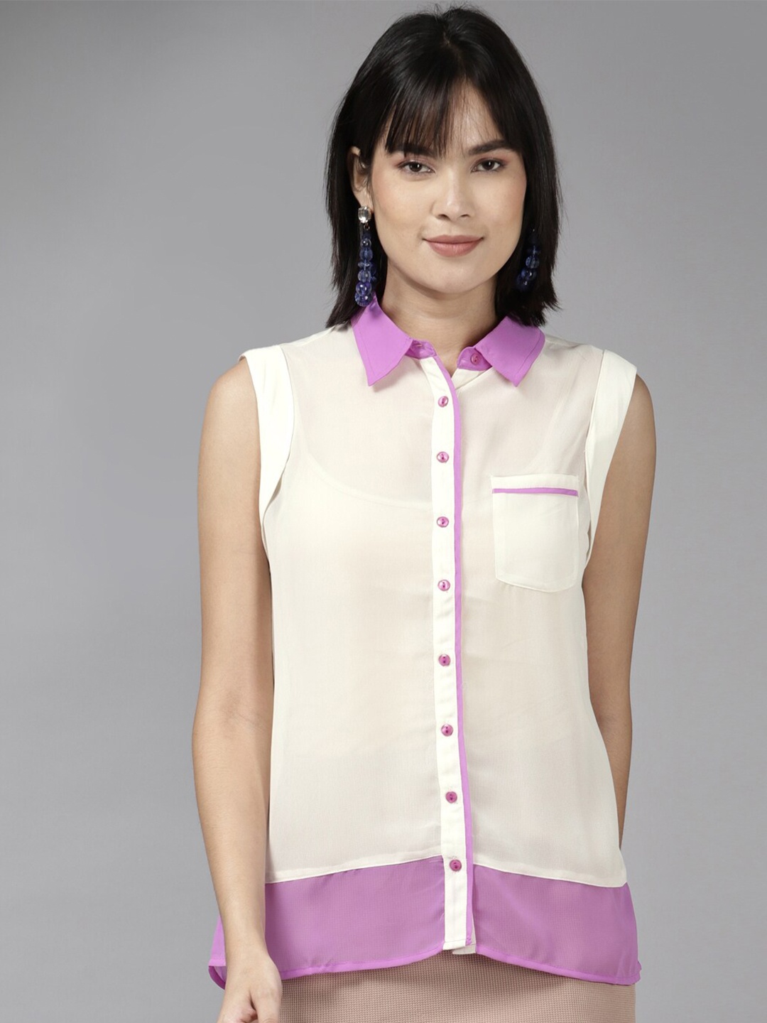 

BAESD Colourblocked Shirt Collar Sleeveless Top, Cream