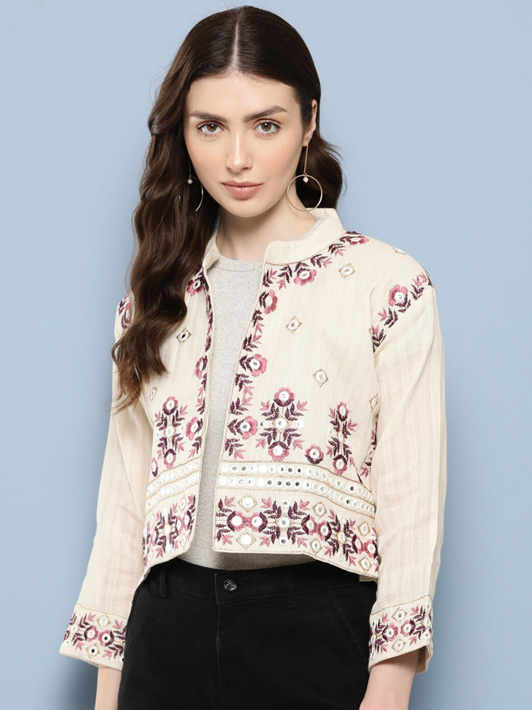 

BAESD Floral Cotton Crop Quilted Jacket, Cream