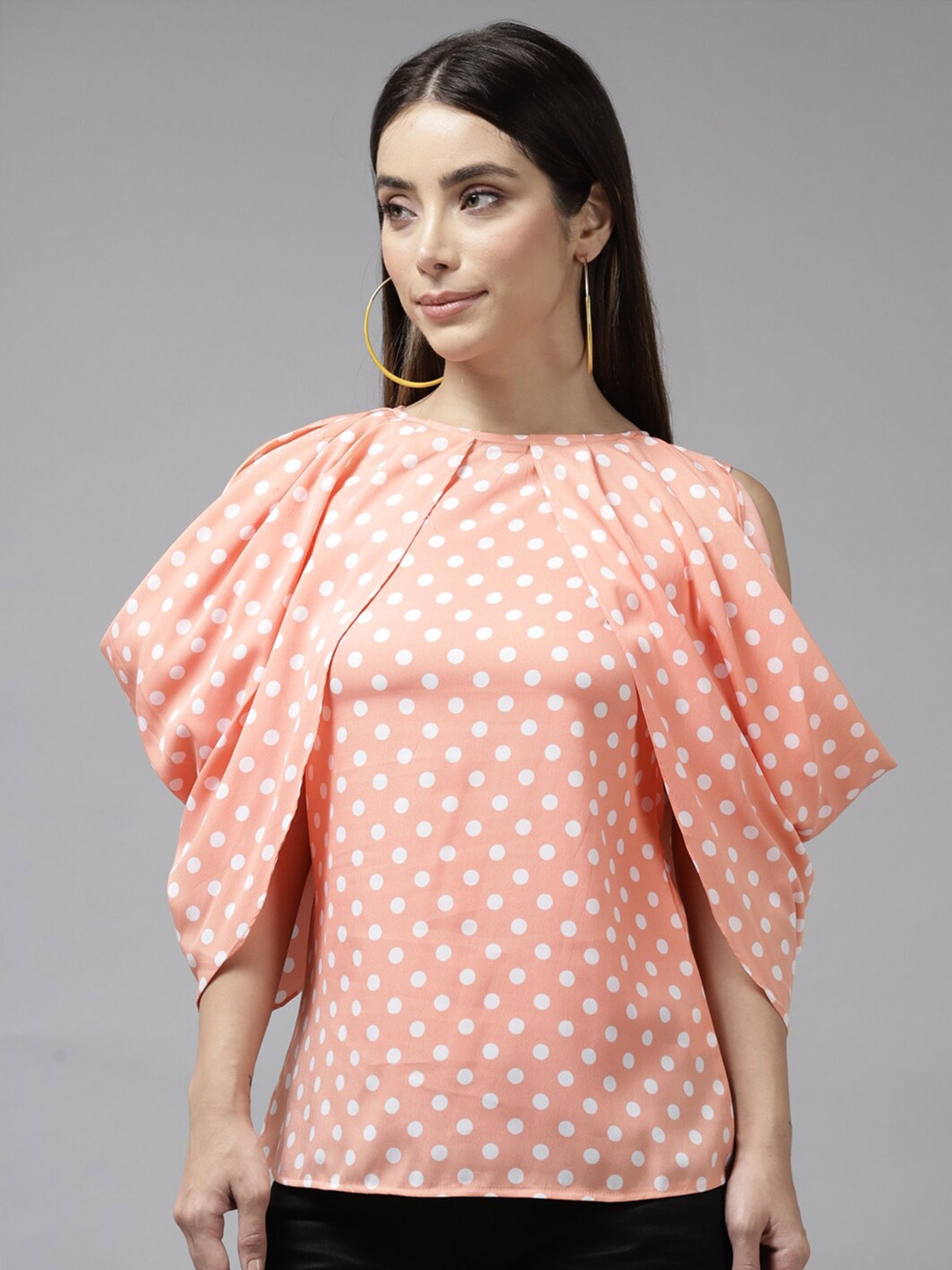 

BAESD Polka Dots Printed Puff Sleeve Cotton Styled Back Top, Peach