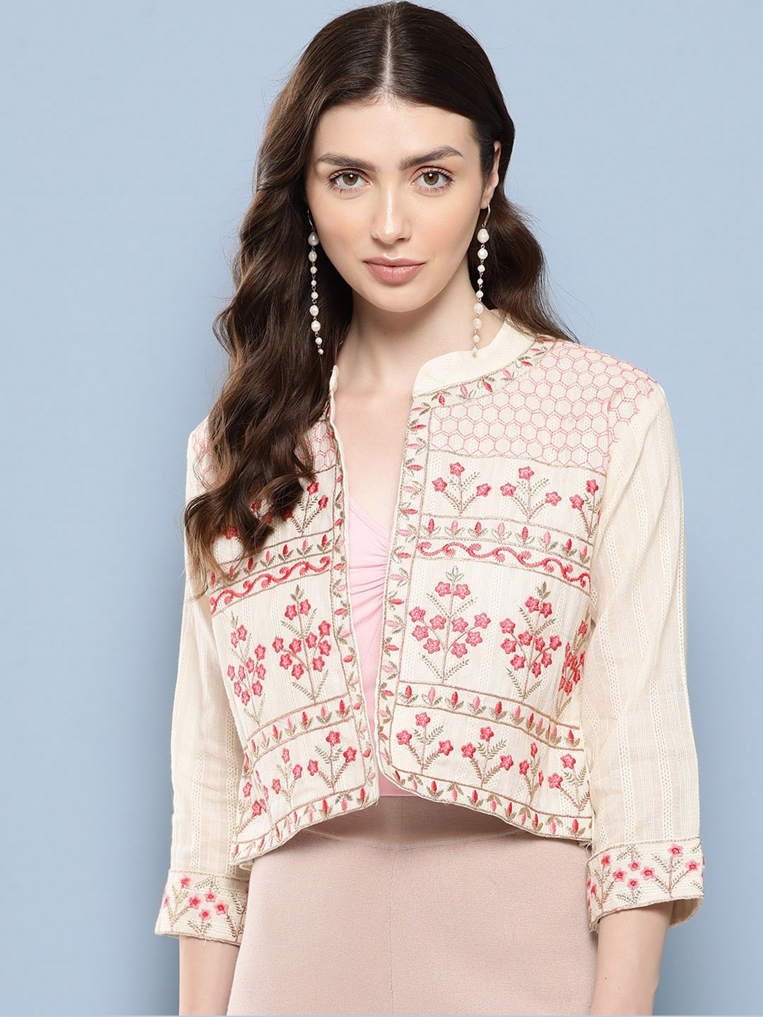 

BAESD Floral Cotton Crop Open Front Jacket, Cream