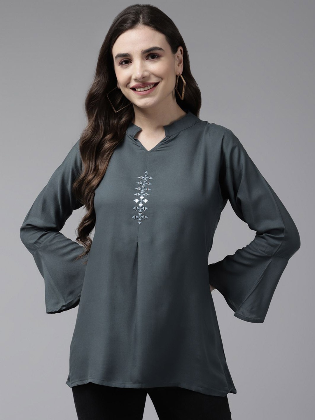 

BAESD Geometric Embroidered Mandarin Collar Flared Sleeves Cotton Top, Grey