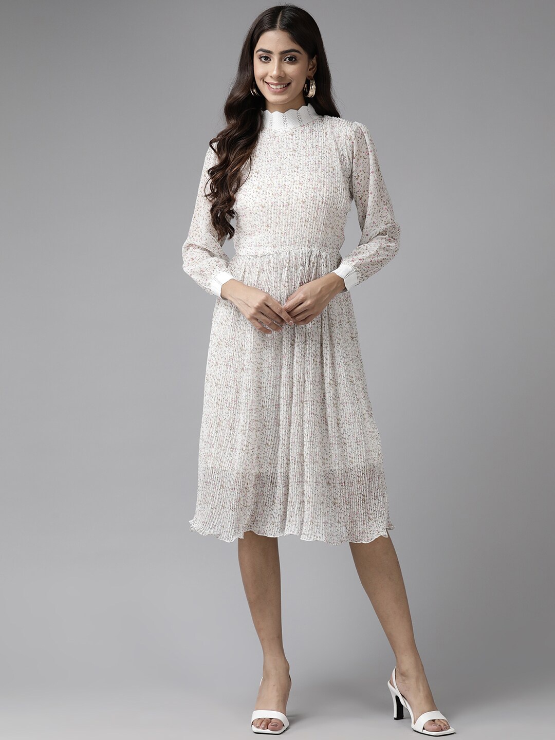 

BAESD Floral Printed Flared High Neck Georgette Blouson Dress, White