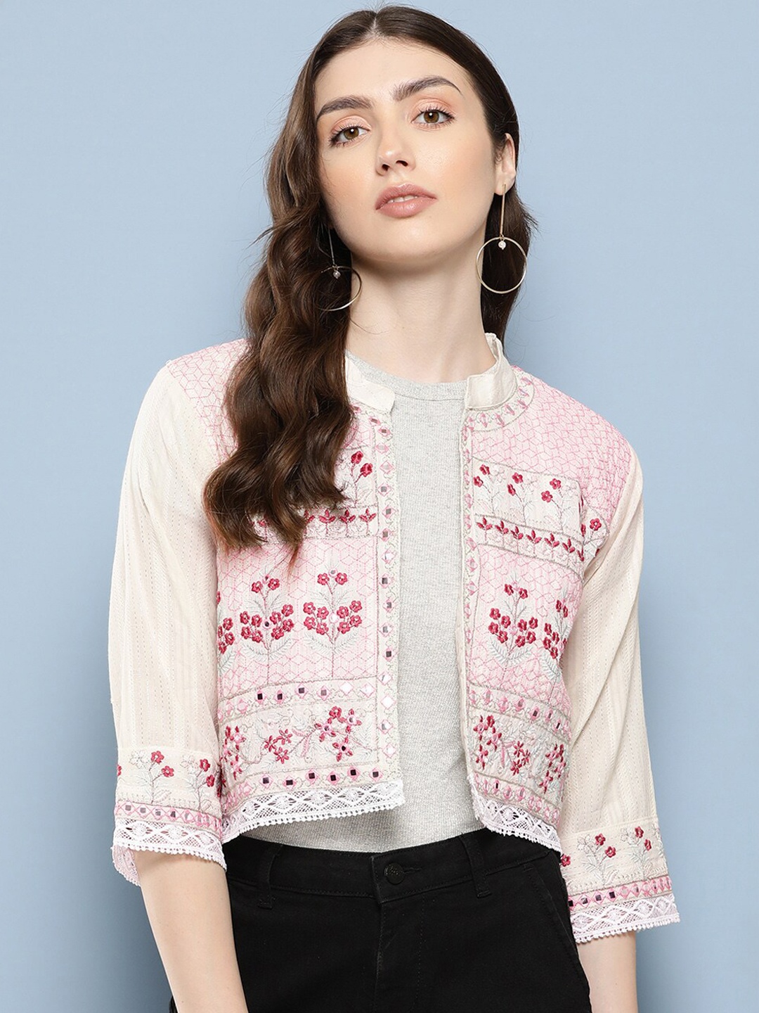 

BAESD Floral Cotton Crop Bomber Embroidered Jacket, Cream