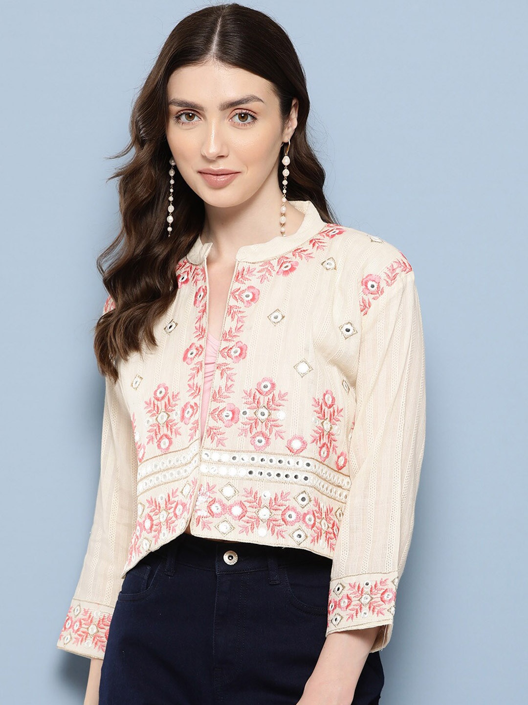 

BAESD Floral Cotton Crop Jacket, Cream