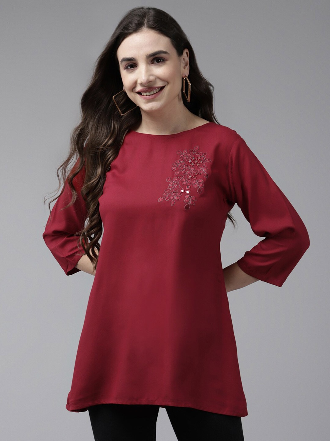 

BAESD Floral Embroidered Boat Neck Three-Quarter Sleeves Cotton Top, Maroon