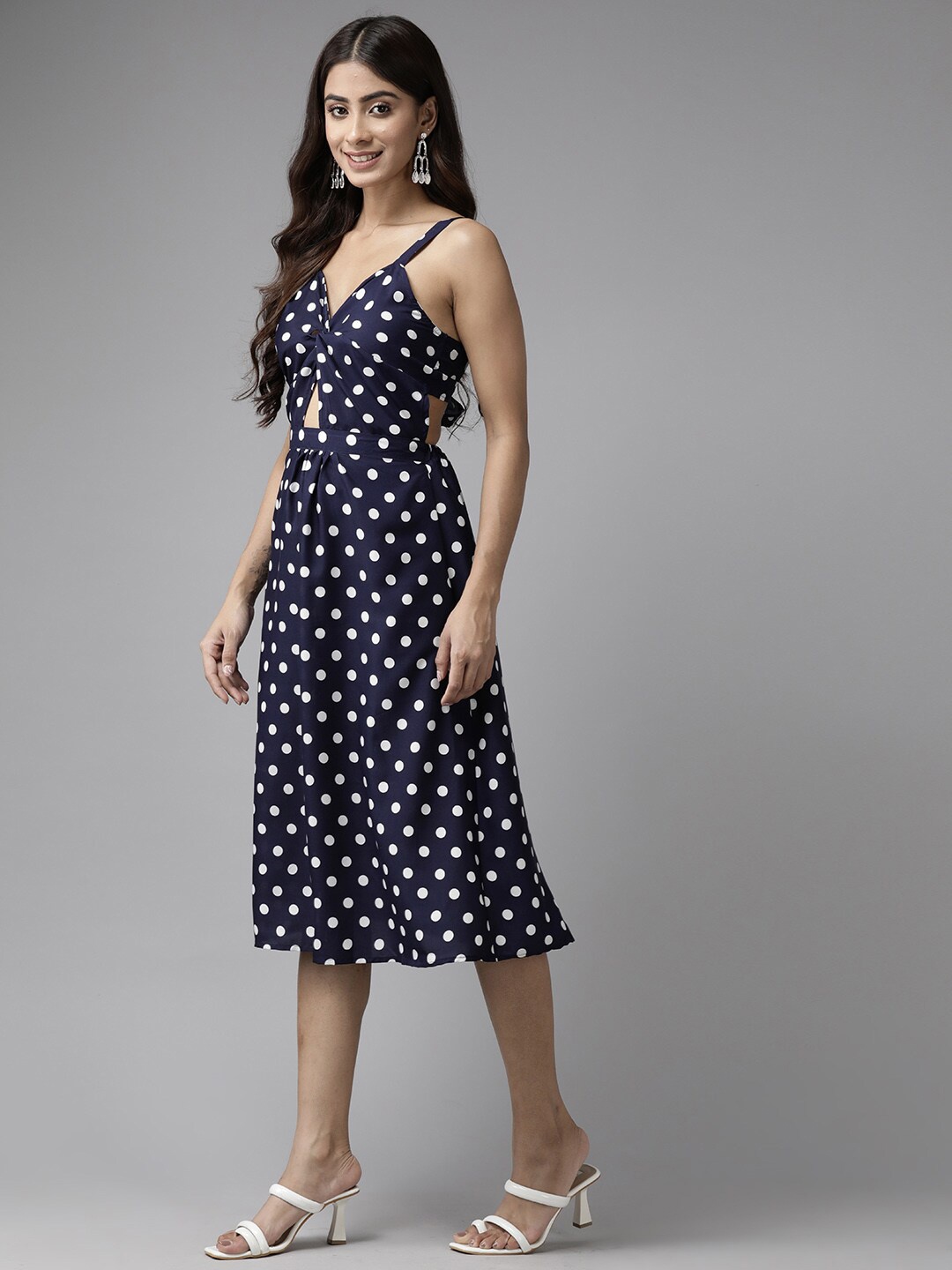 

BAESD Polka Dots Printed Shoulder Straps Flared Georgette Fit & Flare Midi Dress, Navy blue