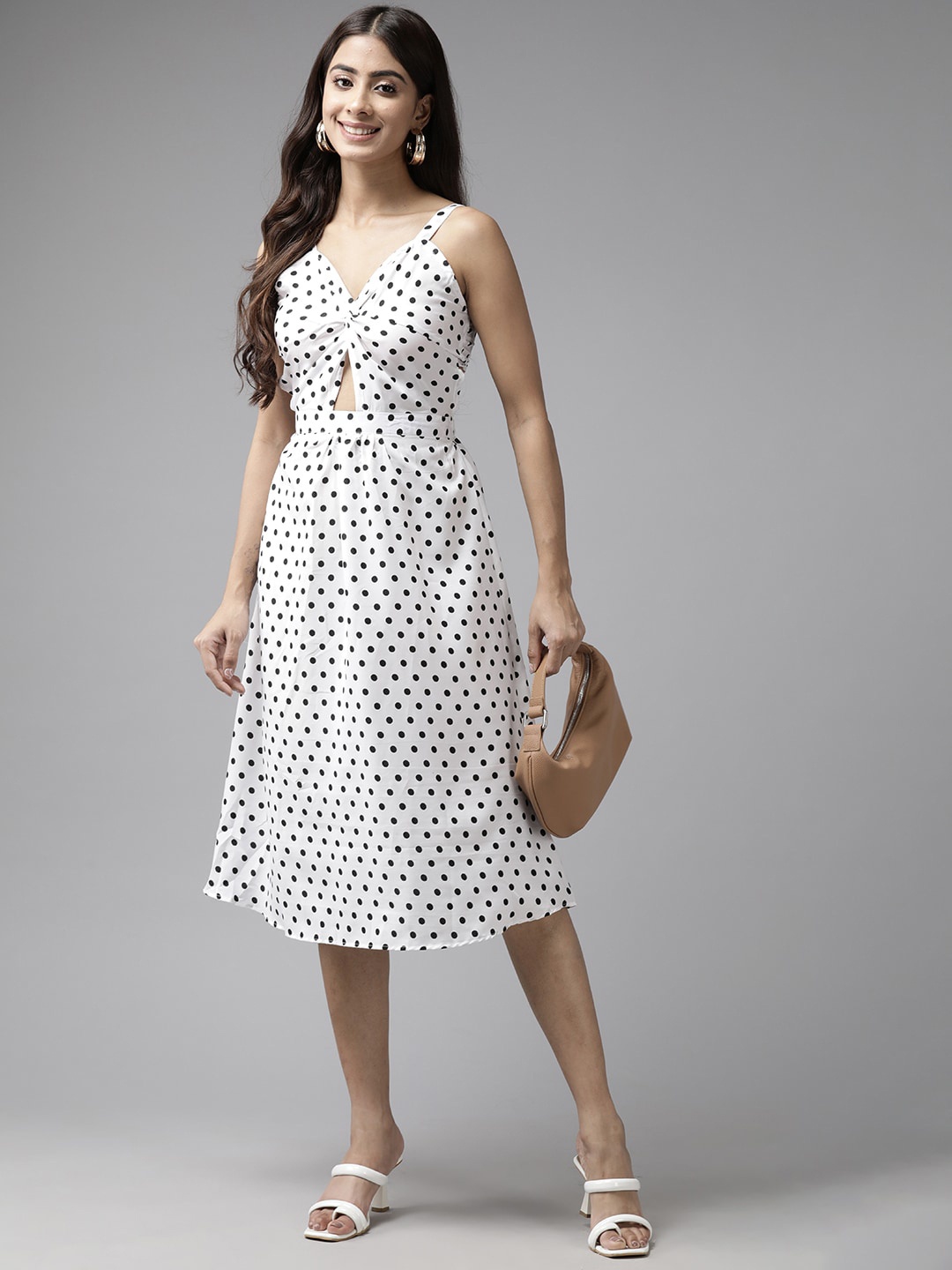 

BAESD Polka Dot Printed Shoulder Straps Georgette A-Line Dress, White
