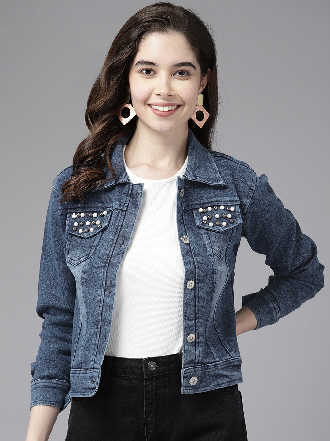 

BAESD Women Washed Cotton Crop Denim Jacket, Navy blue