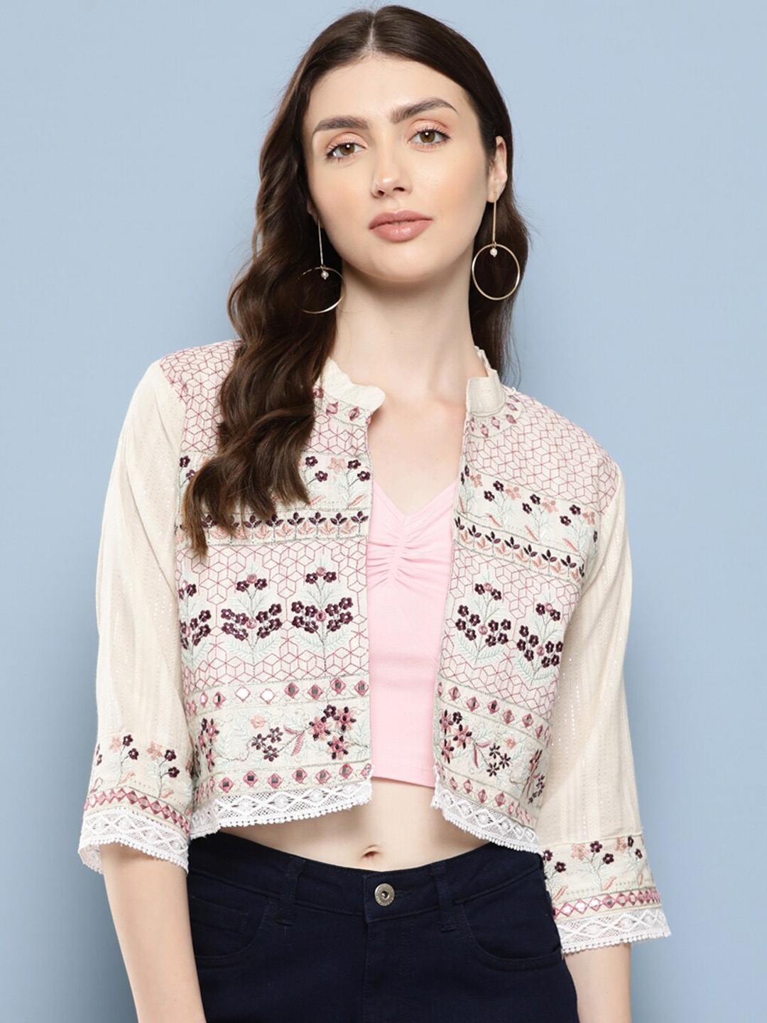 

BAESD Floral Embroidered Mandarin Collar Cotton Open Front Jacket, Cream