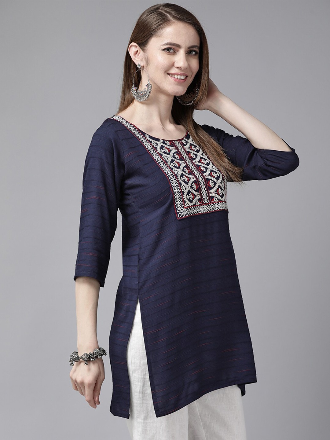 

BAESD Ethnic Motifs Print Round Neck Regular Sleeves Thread Work Cotton Kurti, Navy blue