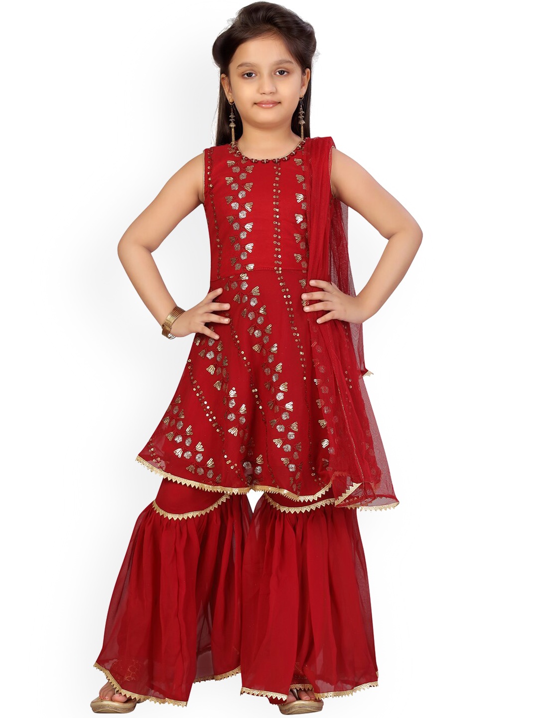 

BAESD Girls Floral Embroidered Regular Sequinned A-Line Kurta with Sharara & Dupatta, Maroon