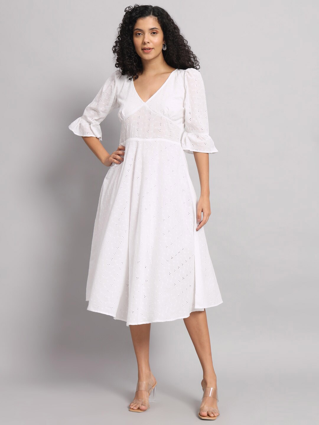 

Mast & Harbour White Self Design Cotton Fit & Flare Midi Dress