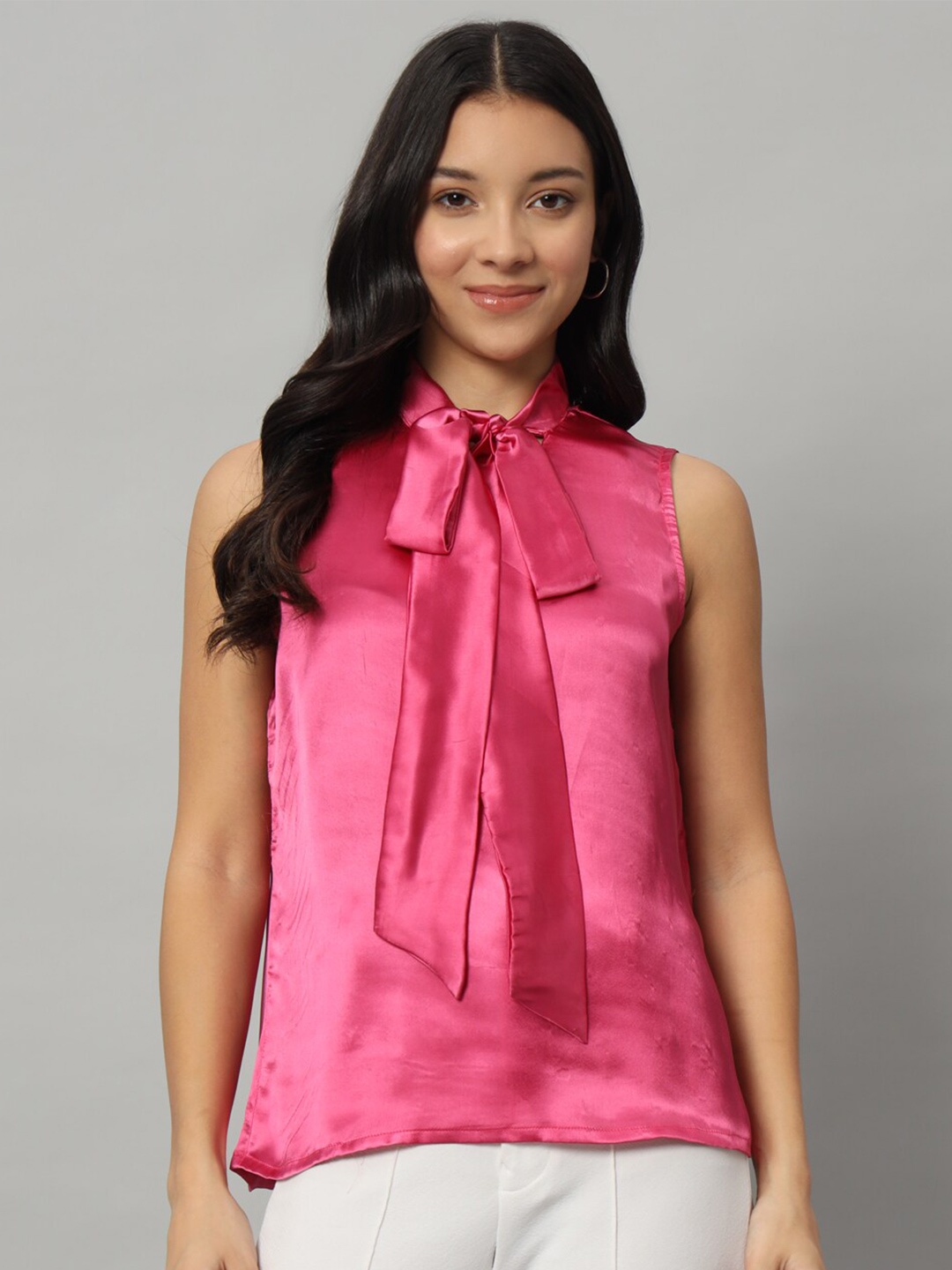 

Mast & Harbour Pink Tie-Up Neck Sleeveless Satin Top