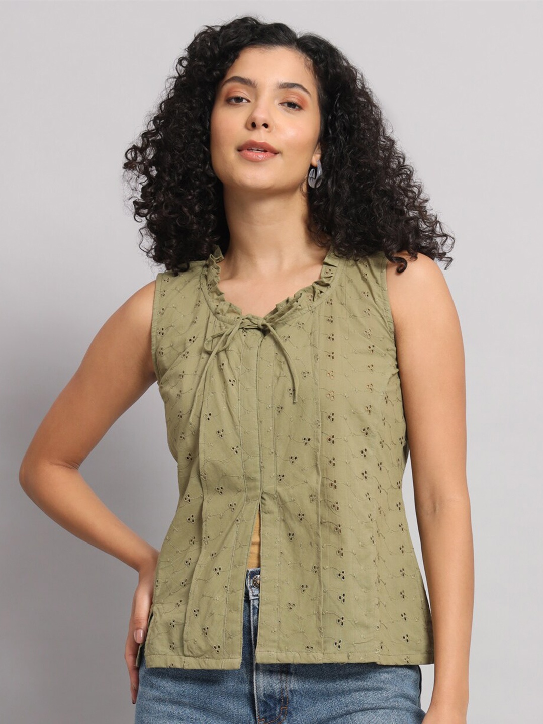 

Mast & Harbour Olive Green Tie-Up Neck Schiffli Sleeveless Cotton Top