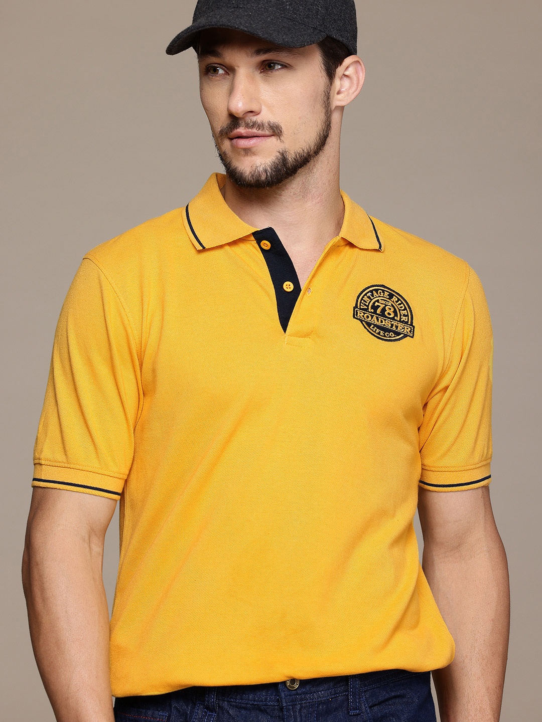 

Roadster Men Brand Logo Printed Polo Collar T-shirt, Yellow