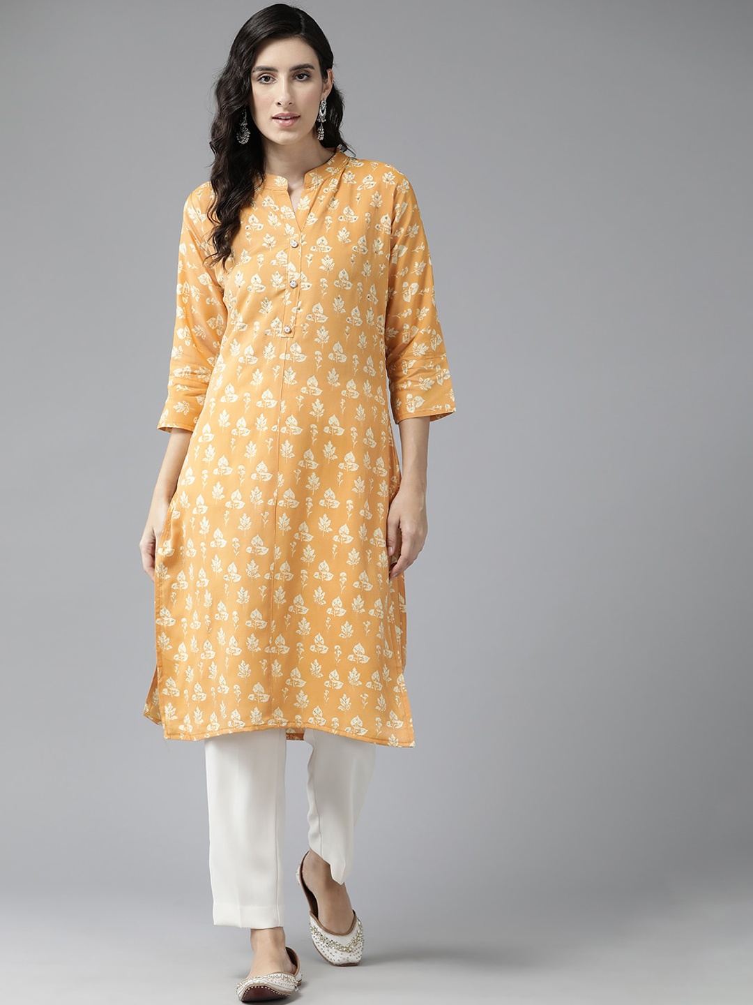 

BAESD Floral Printed Band Collar Three-Quarter Sleeves Straight Kurta, Yellow