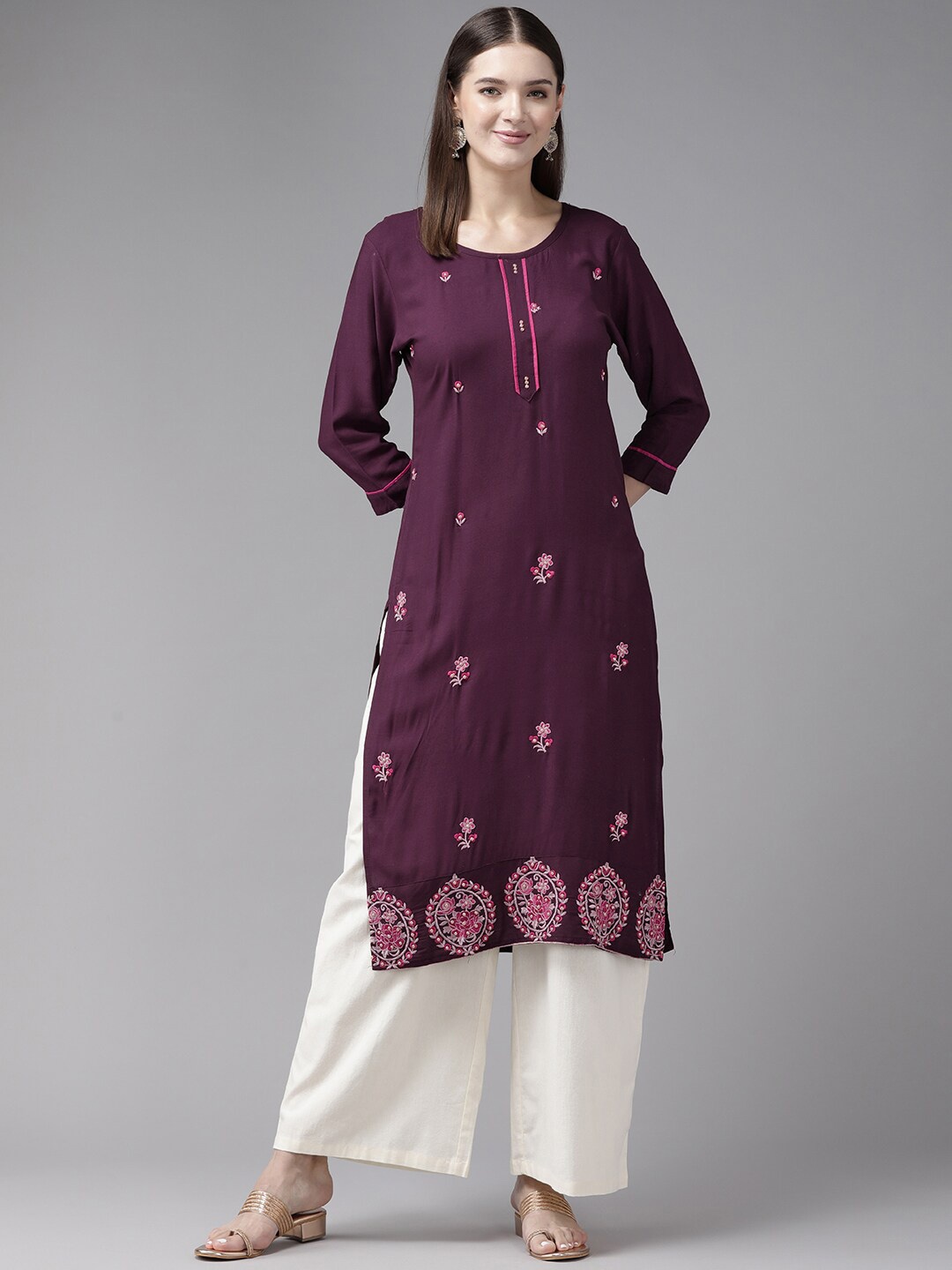 

BAESD Women Embroidered Keyhole Neck Flared Sleeves Thread Work Kurta, Purple