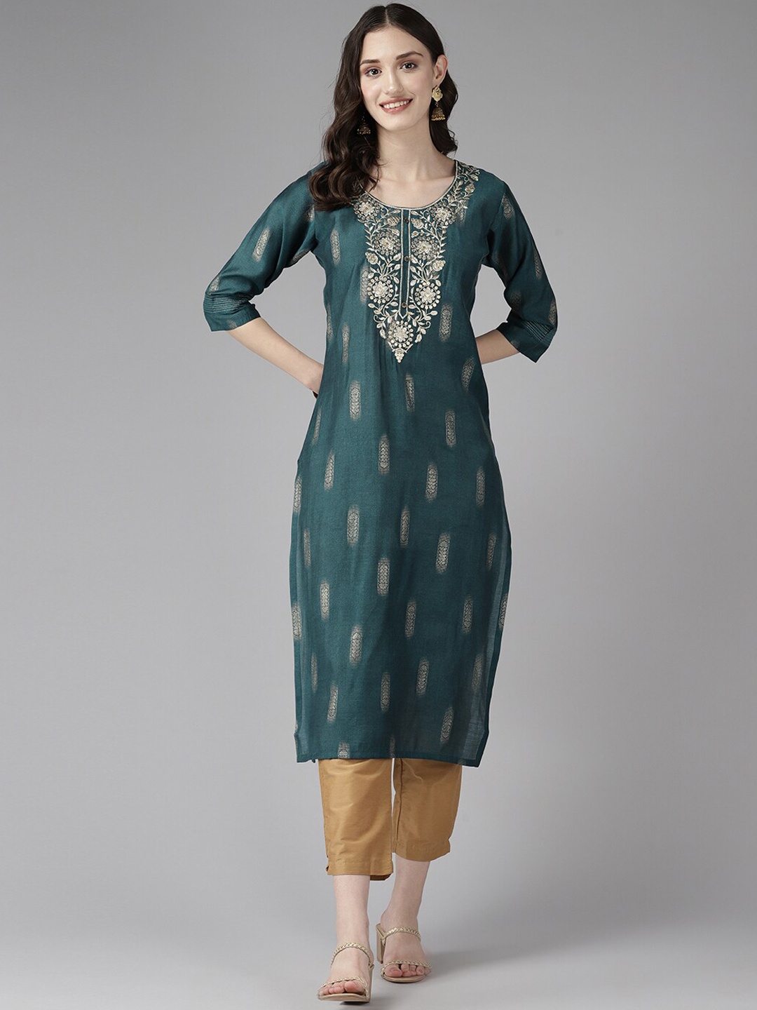 

BAESD Ethnic Motifs Yoke Design Embroidered Cotton Straight Kurta, Blue