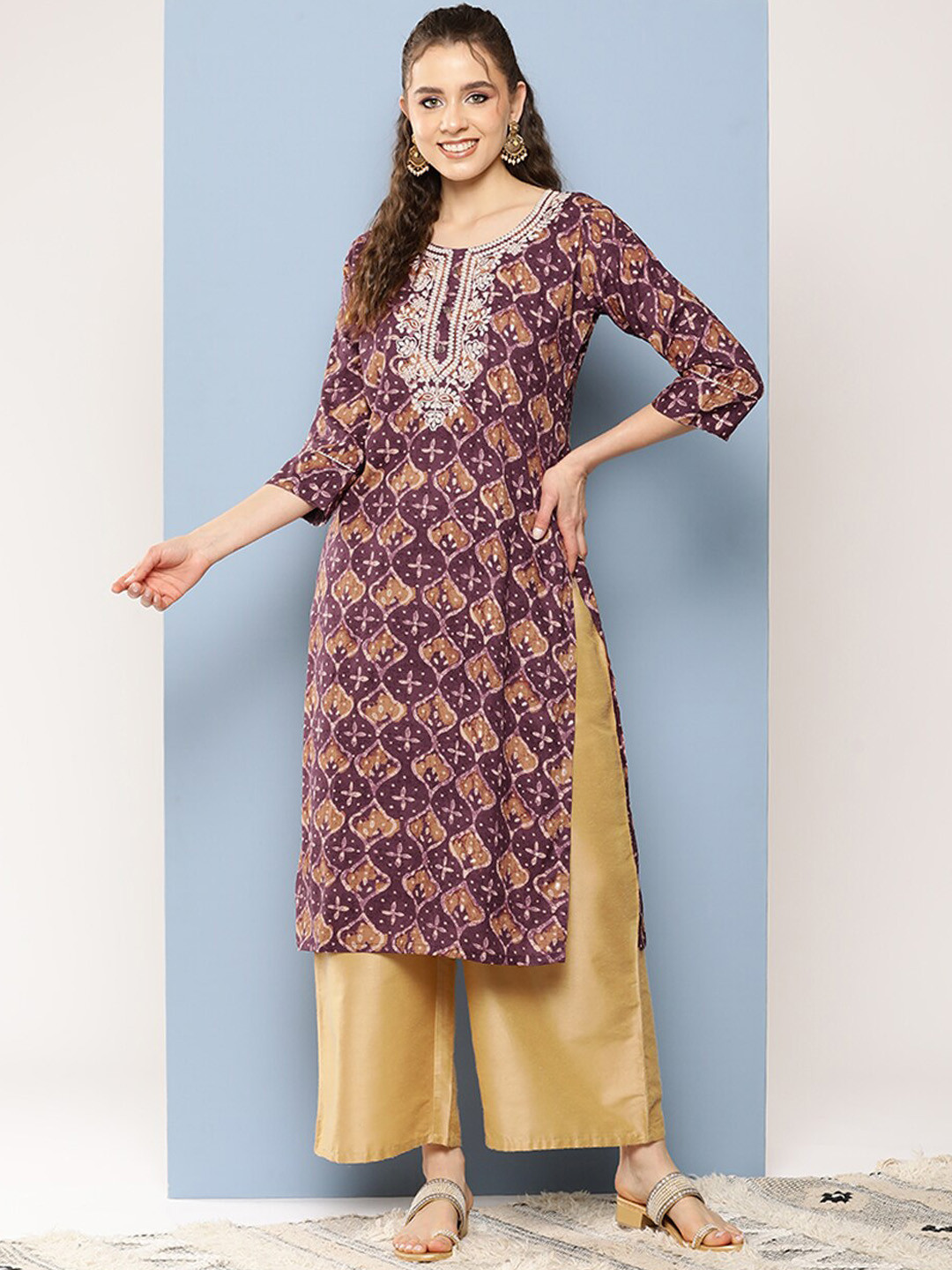 

BAESD Ethnic Motifs Printed Embroidered Cotton Straight Kurta, Purple