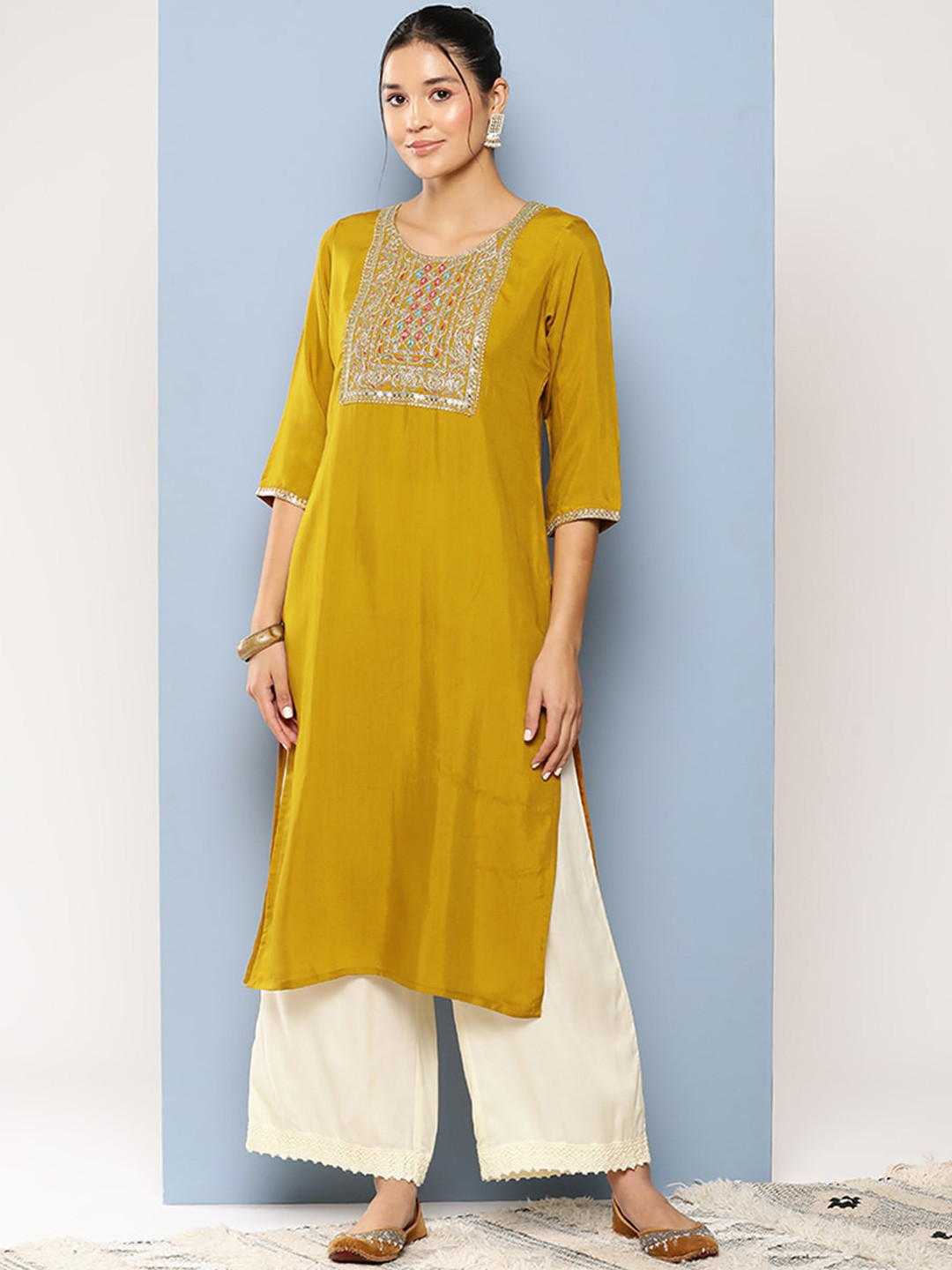 

BAESD Floral Yoke Design Round Neck Thread Mirror Work Cotton Kurta, Mustard