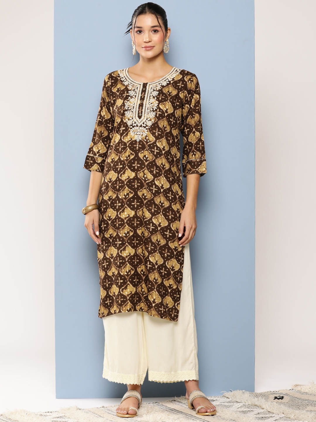 

BAESD Ethnic Motifs Printed Embroidered Cotton Kurta, Brown