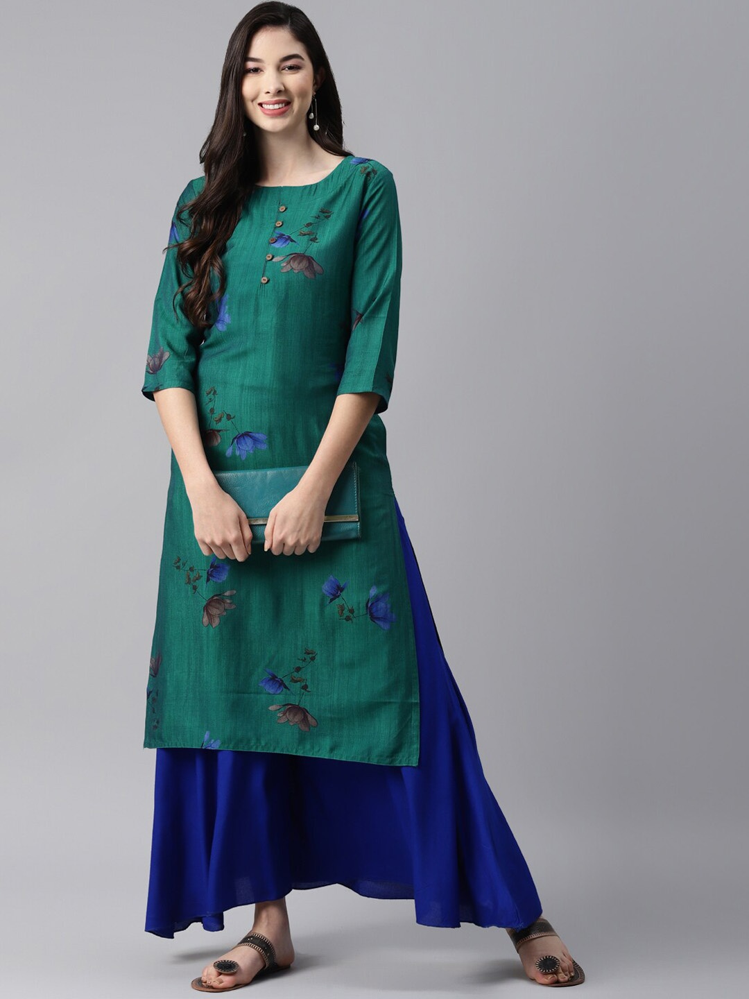 

BAESD Floral Printed Round Neck Three-Quarter Sleeves Straight Kurta, Green