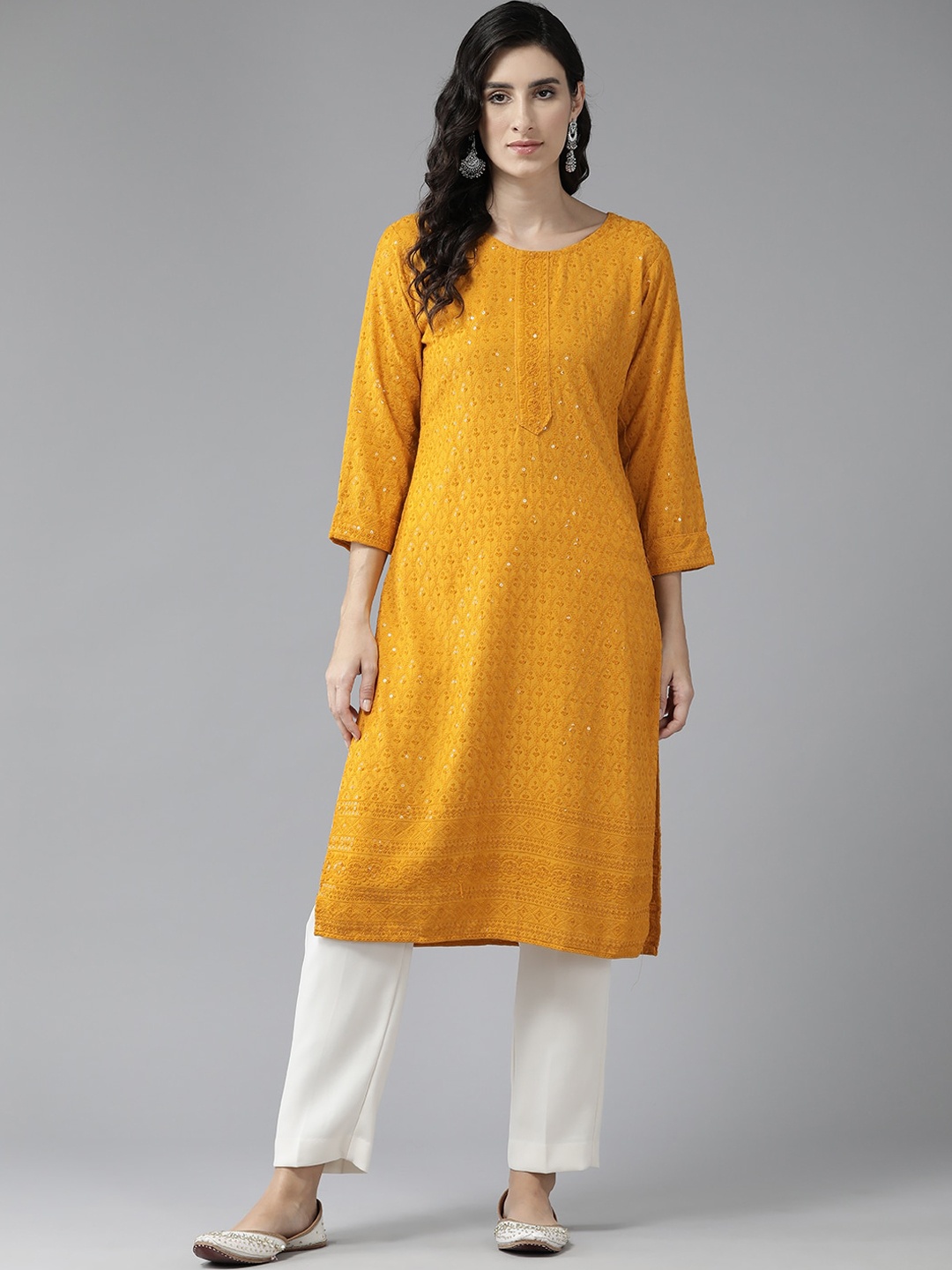

BAESD Geometric Embroidered Thread Work Straight A-Line Kurta, Yellow