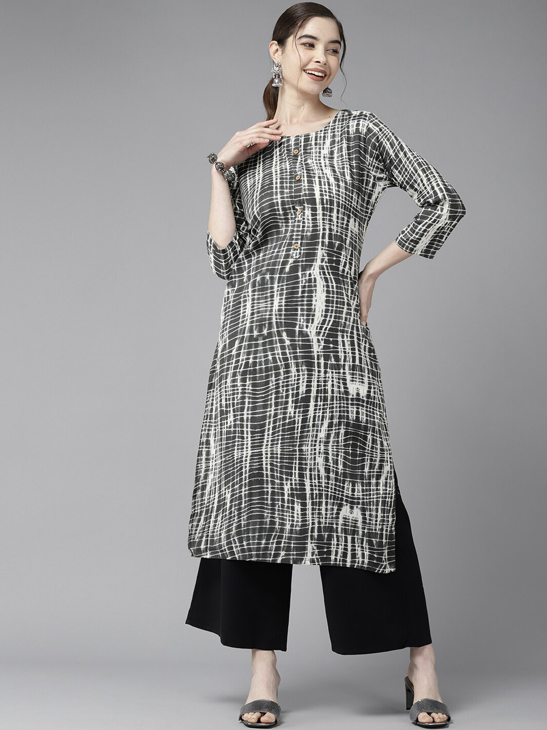

BAESD Abstract Printed Cotton A-Line Kurta, Black