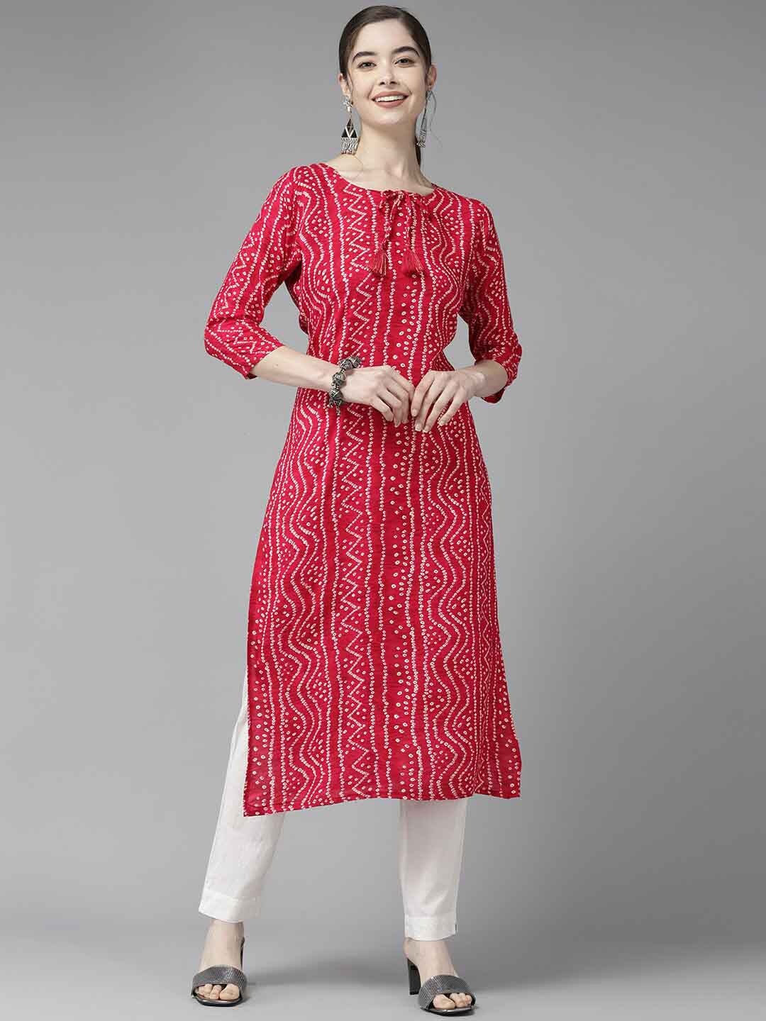 

BAESD Bandhani Print Tie-Up Neck Regular Sleeves Cotton Straight Kurta, Pink