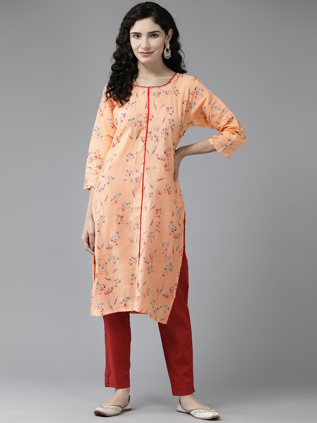 BAESD Floral Printed Boat Neck Mirror Work Cotton Straight Kurta, Peach
