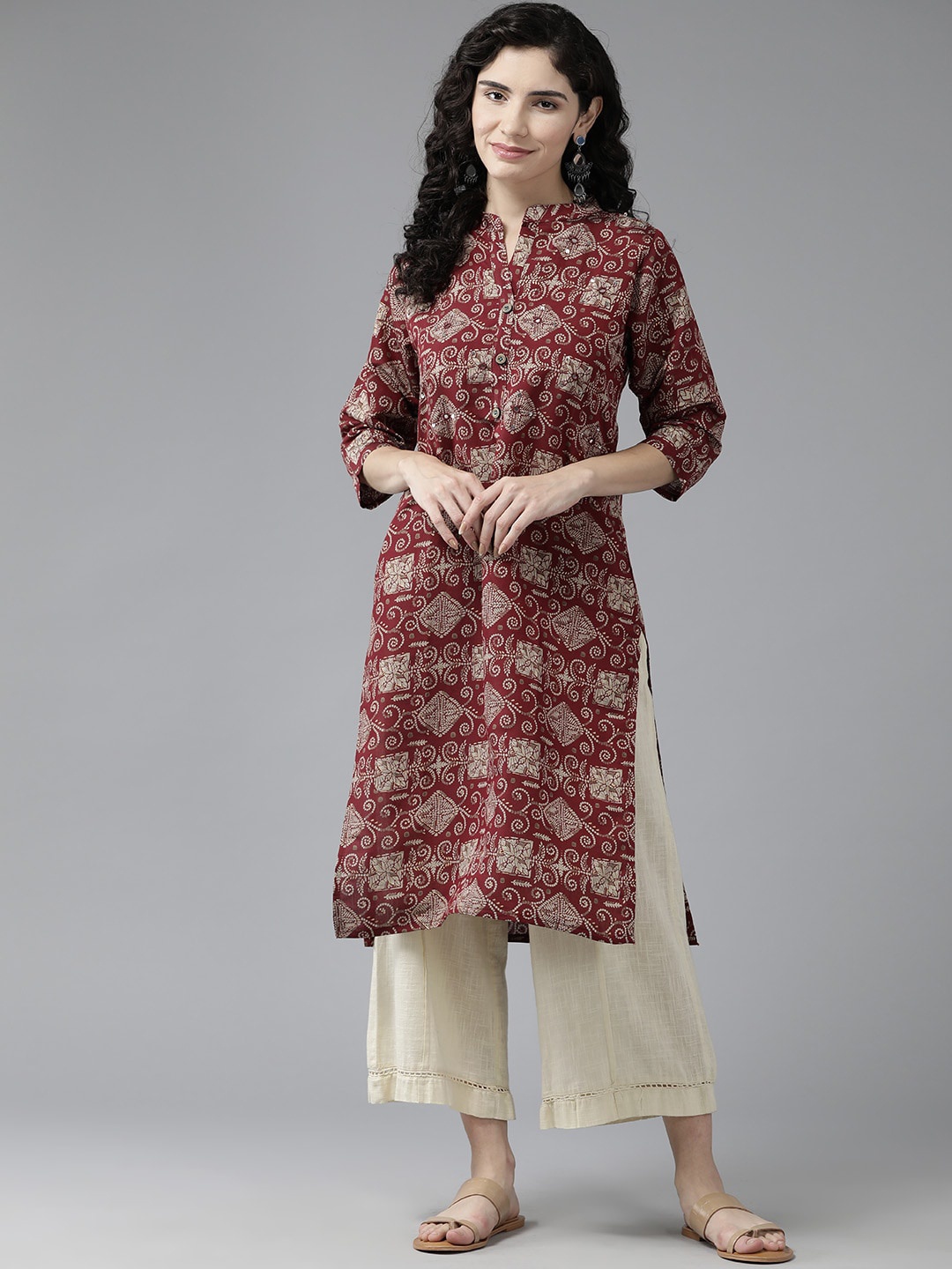 

BAESD Floral Printed Mandarin Collar Sequinned Straight Silk Kurta, Maroon